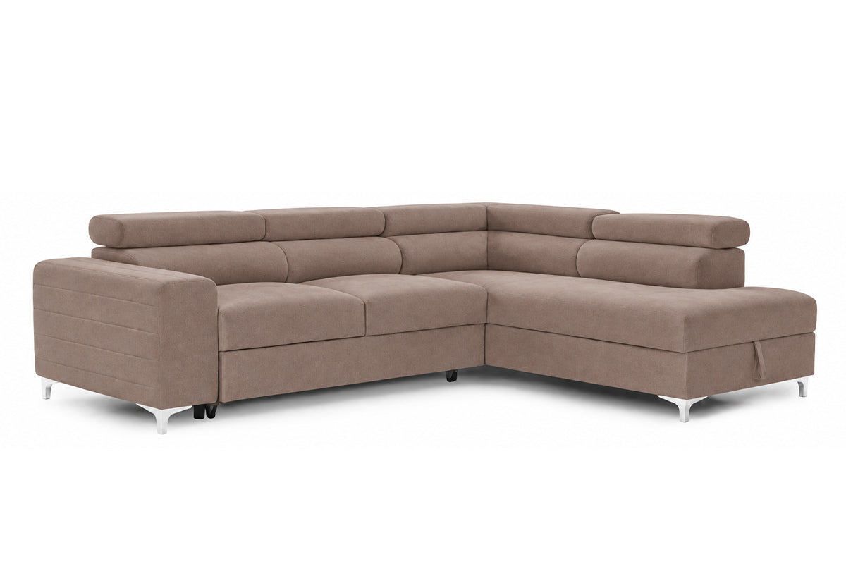 Colțar Extensibil TIME, cu lada depozitare, tetiere reglabile, varianta pe dreapta, 285x220x95 cm, Maro Deschis - Outlet