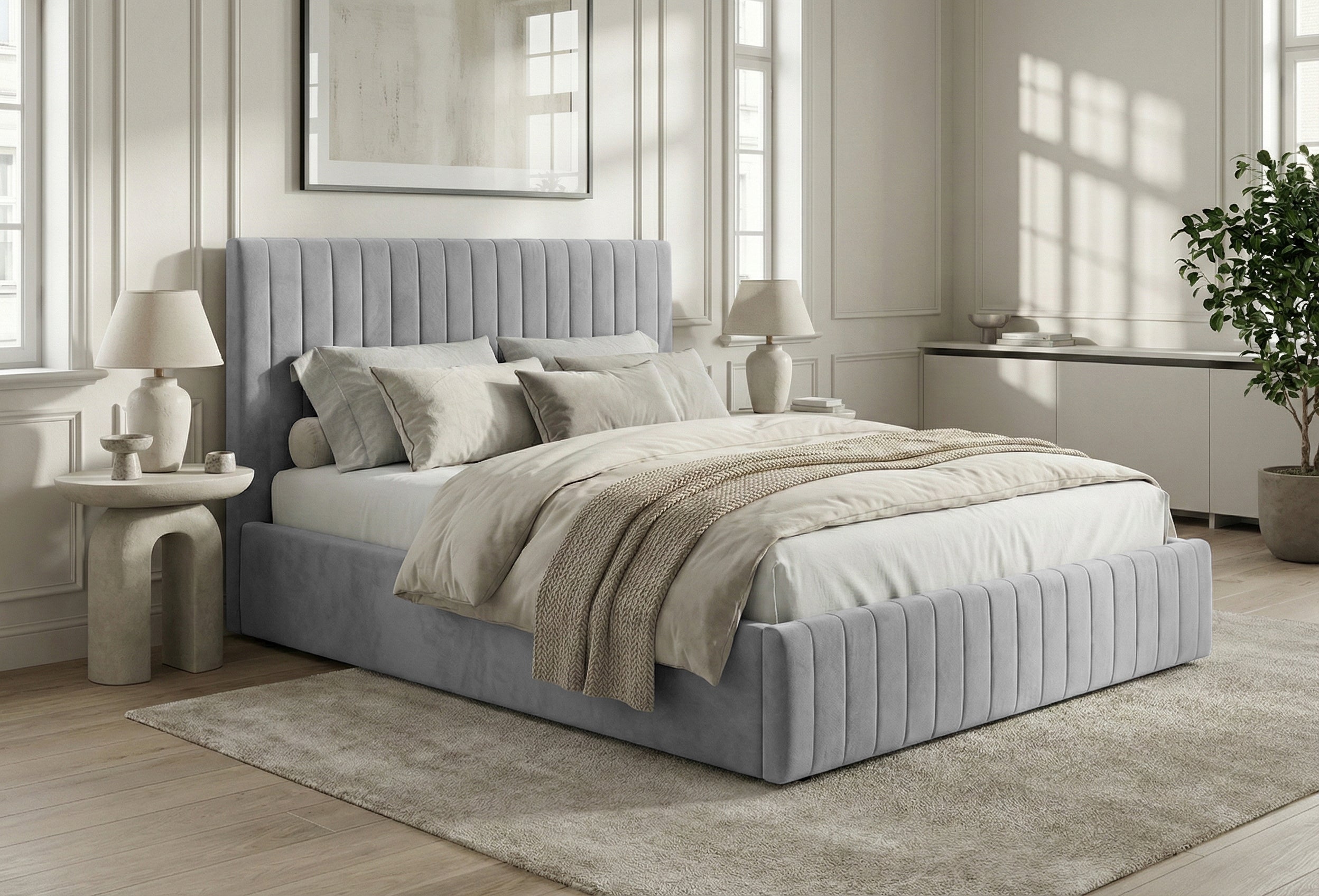 Pat Tapițat Sara, cu somieră rabatabilă și ladă depozitare #color_Gri-Deschis-Velluto