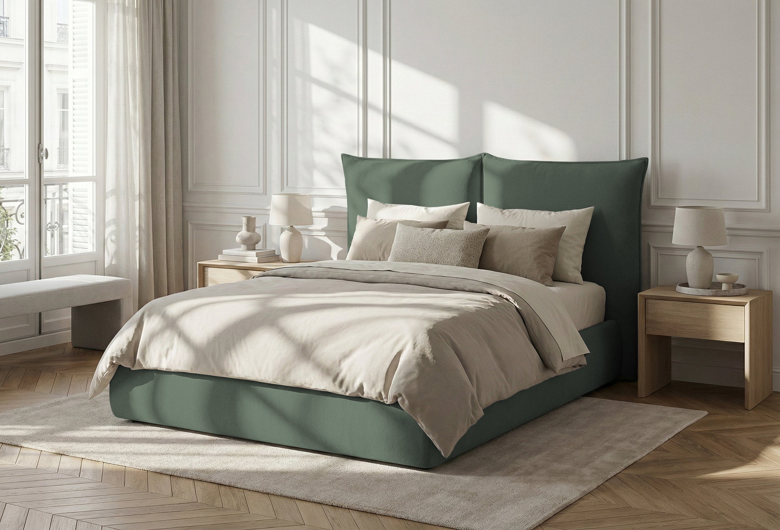 Pat Tapițat Rossi, cu somieră fixă și tăblie înaltă, verde inchis, #color_Verde-Inchis-Loft