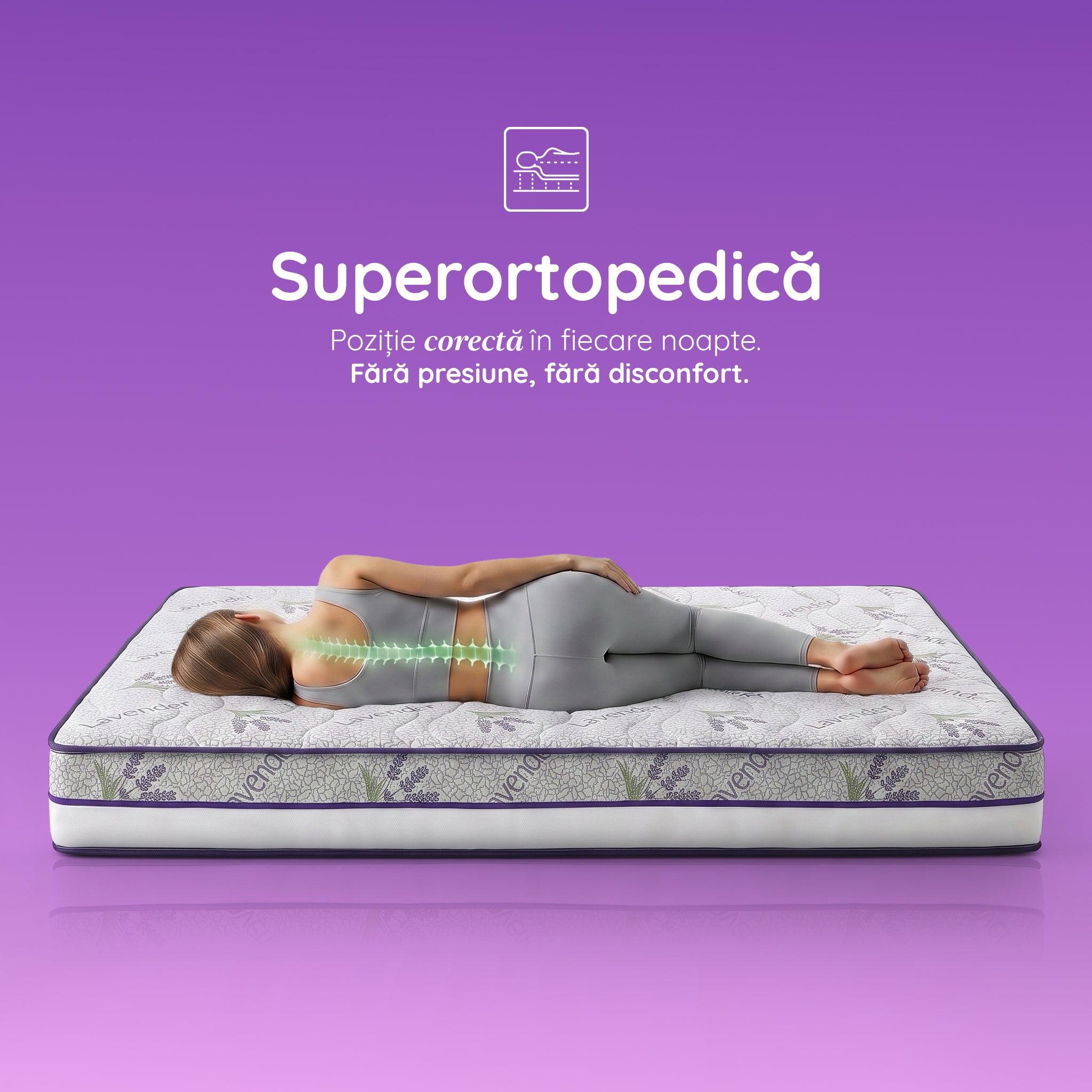 Saltea LAVENDER AIR HYGENE THERAPY,  husă detașabilă, superortopedică, cu spumă poliuretanică și arcuri, Grosime 25 cm - Prestige Home