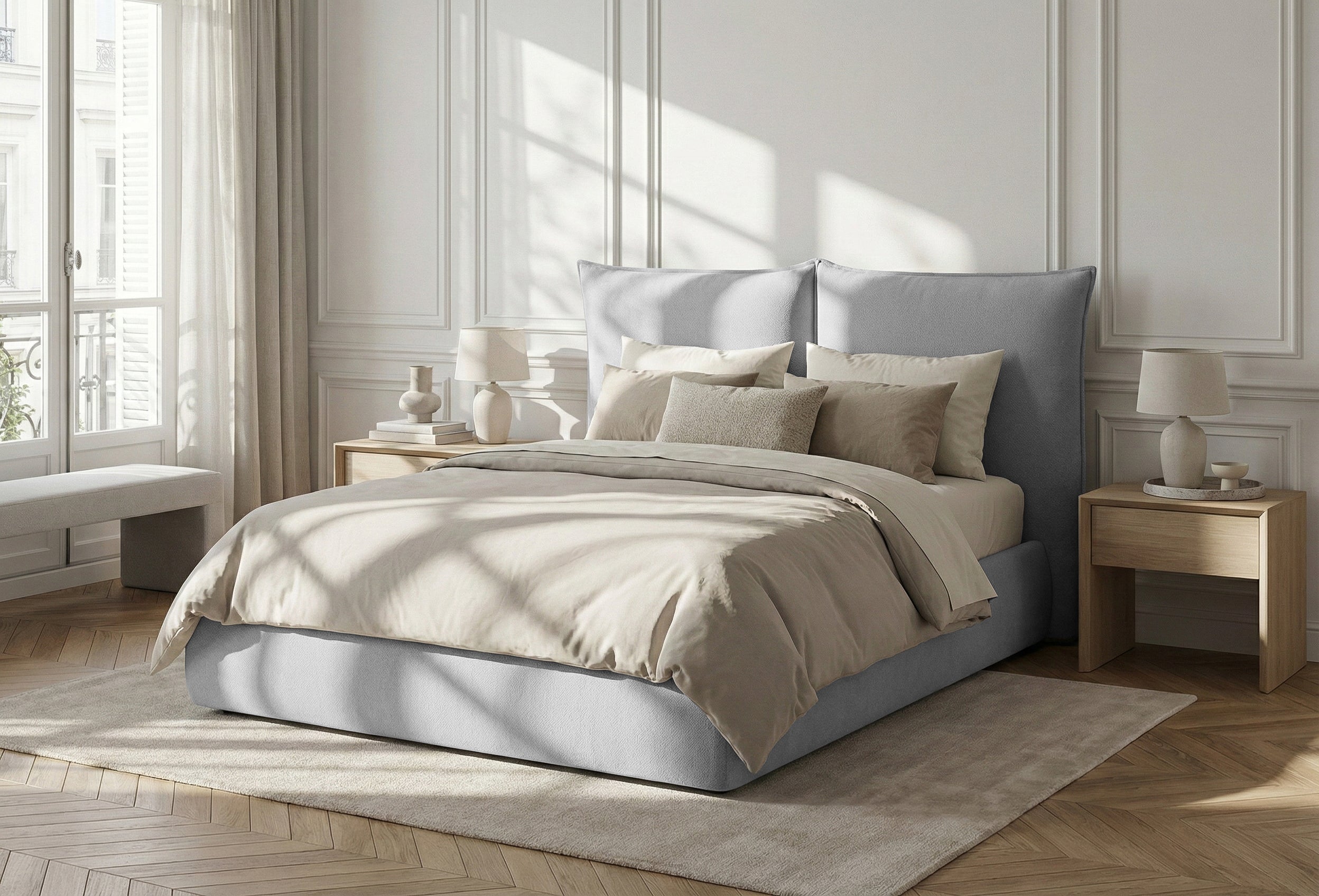 Pat Tapițat Rossi, cu somieră fixă și tăblie înaltă, gri deschis, #color_Gri-Deschis-Loft