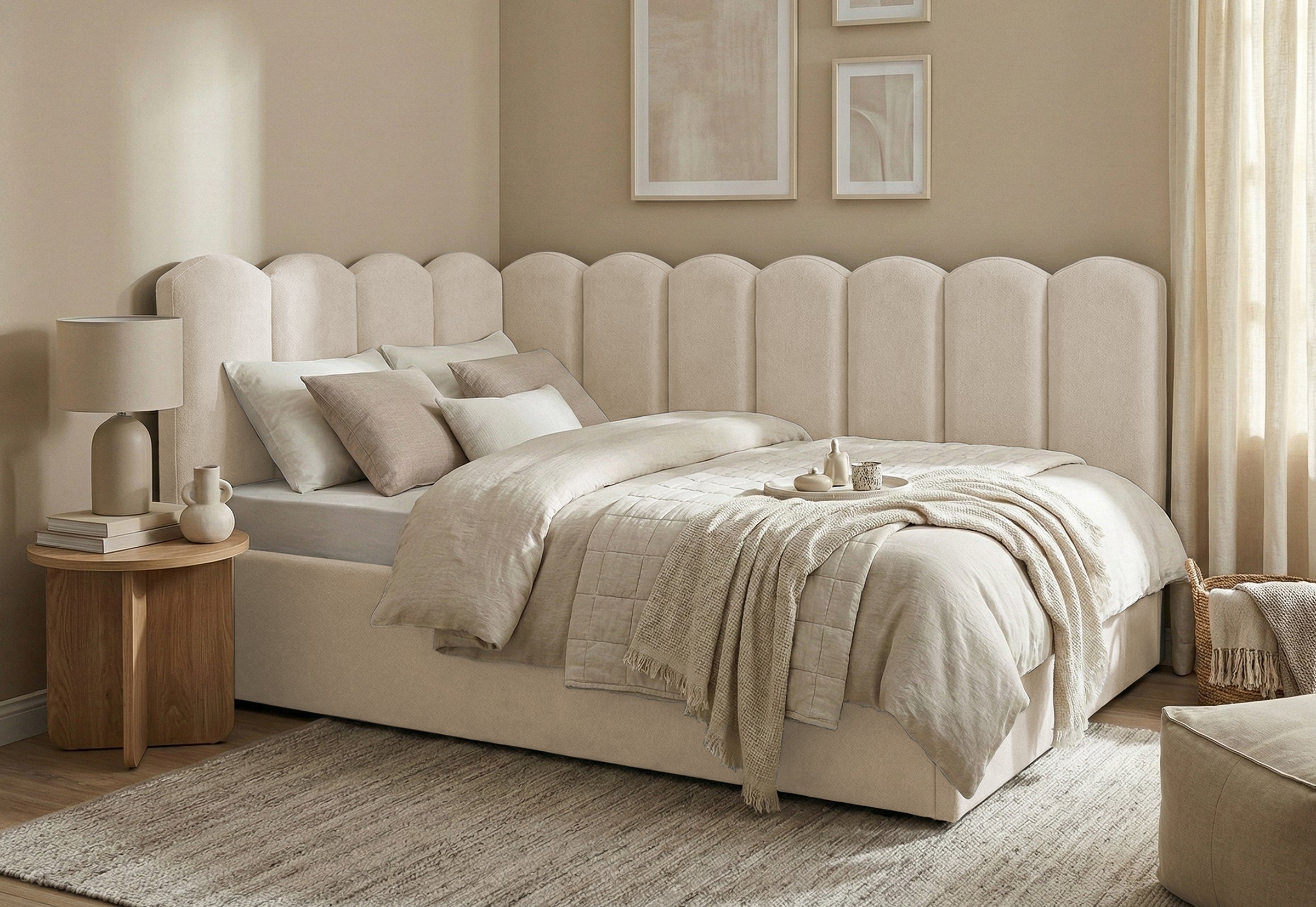 Pat Tapițat Princess de colț, cu somieră rabatabilă și ladă depozitare, #color_Crem-Mystery