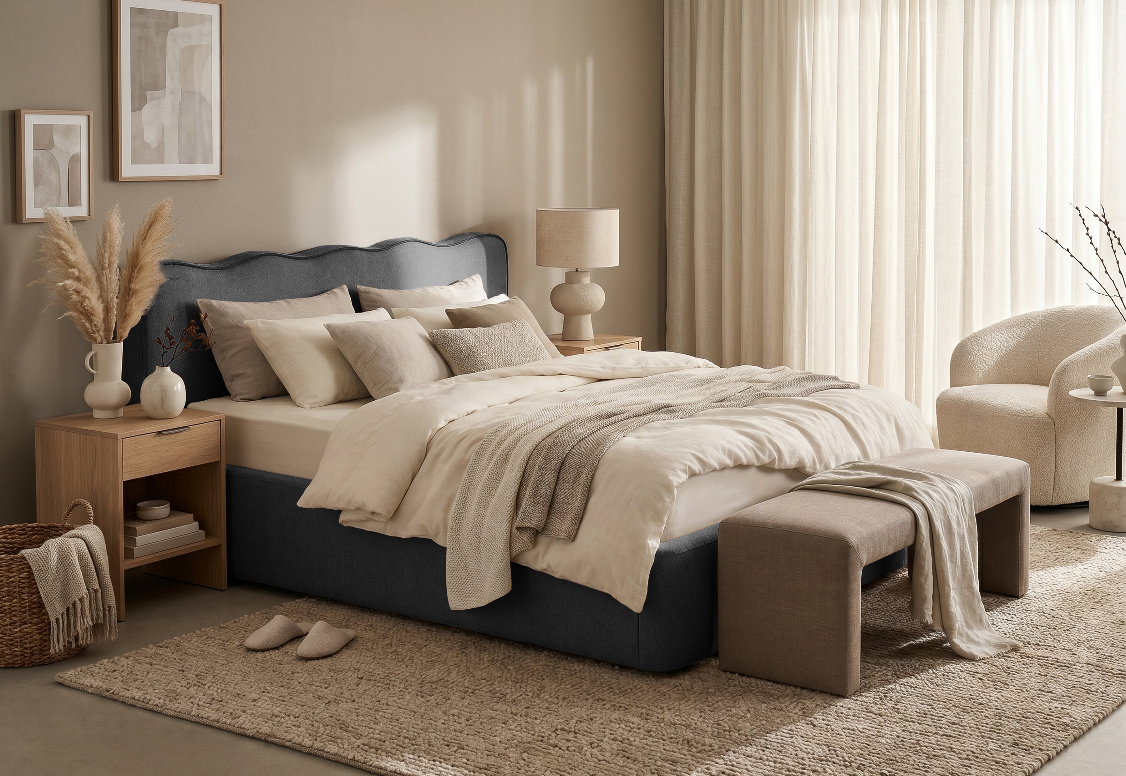 Pat Tapițat KESINGTON, cu somieră rabatabilă și ladă de depozitare, #color_Gri-Antracit-Loft