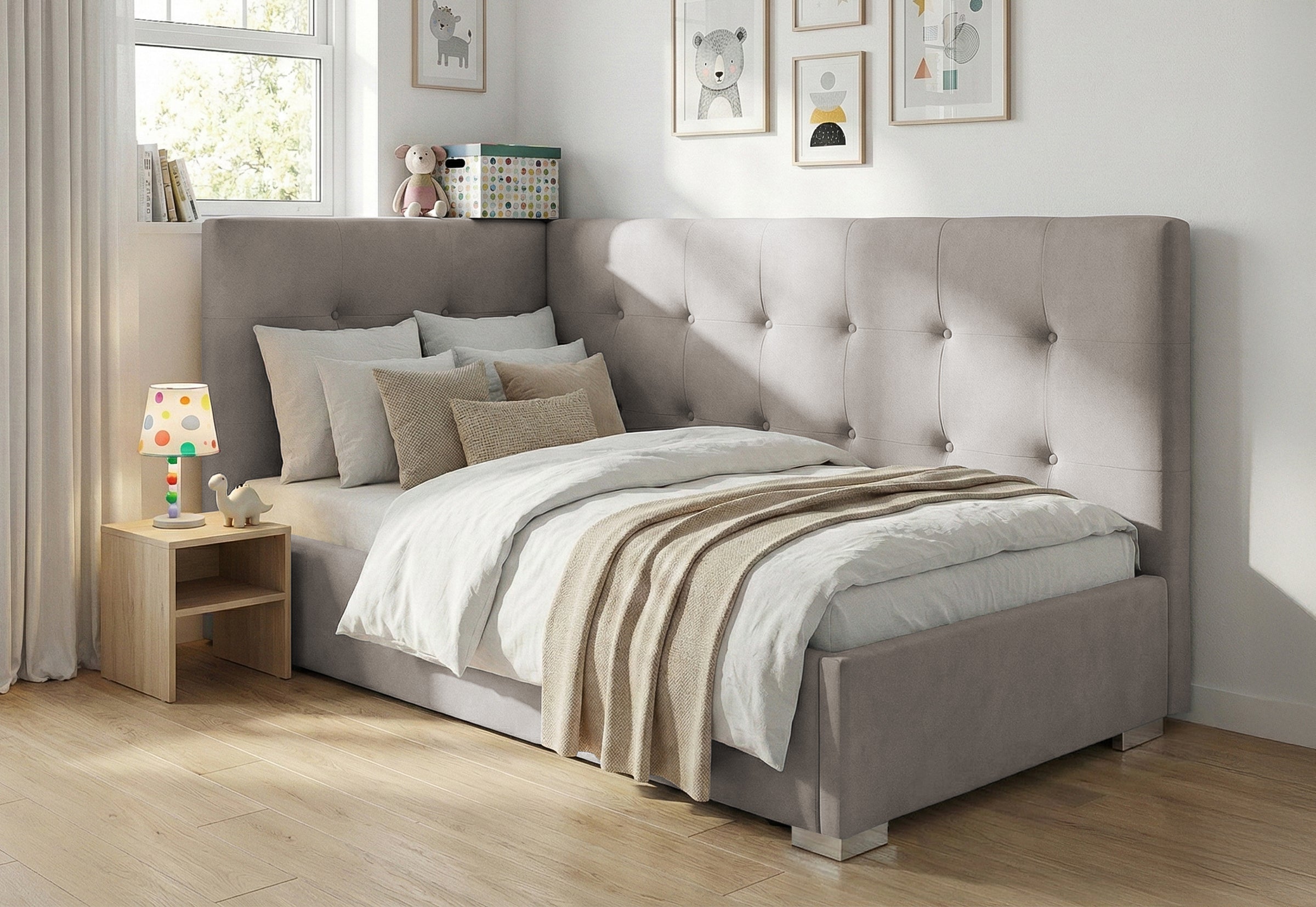 Pat Tapițat Lille de colț, cu somieră rabatabilă și ladă depozitare, #color_Swing-Bej