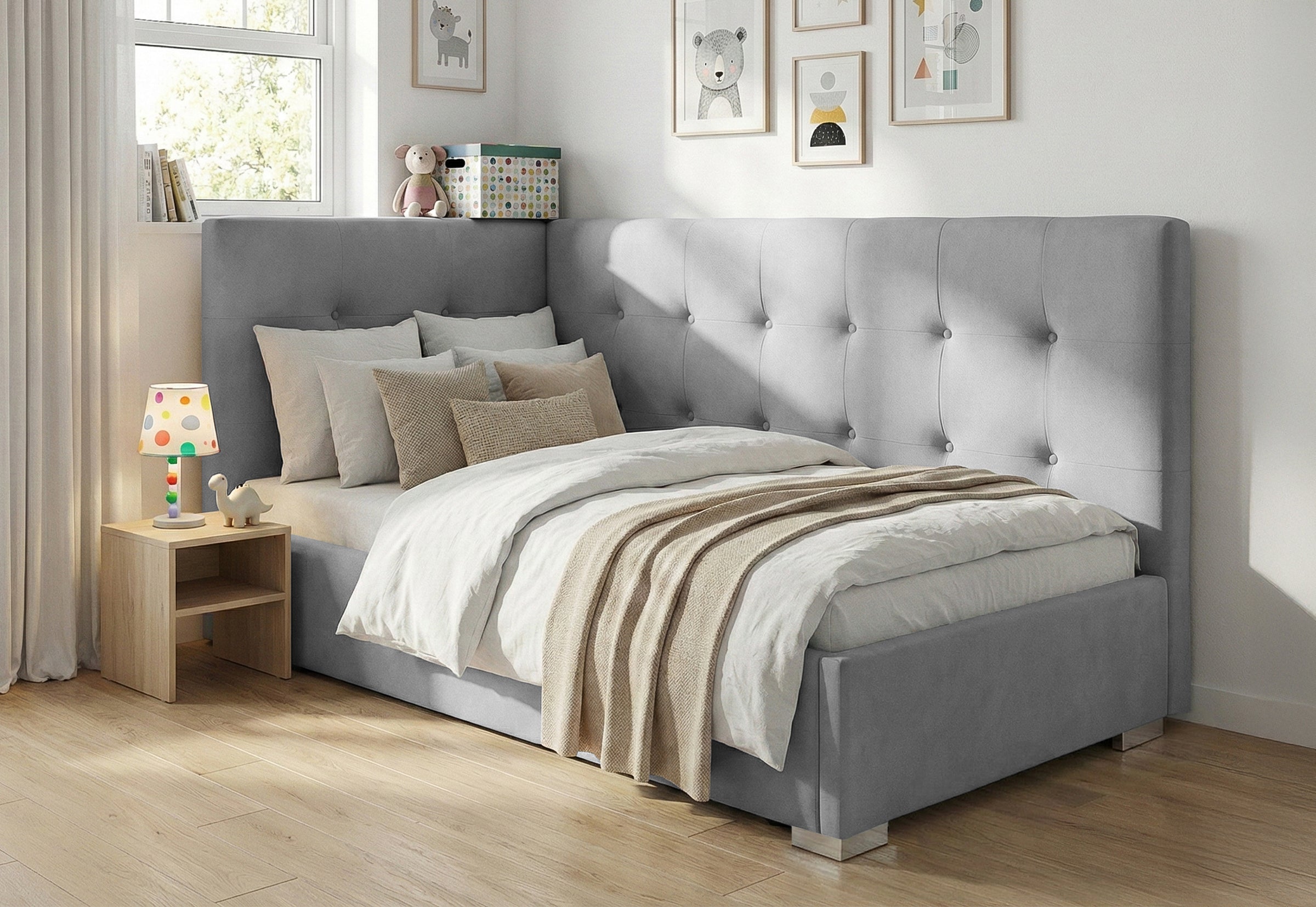 Pat Tapițat Lille de colț, cu somieră rabatabilă și ladă depozitare, #color_Swing-Gri