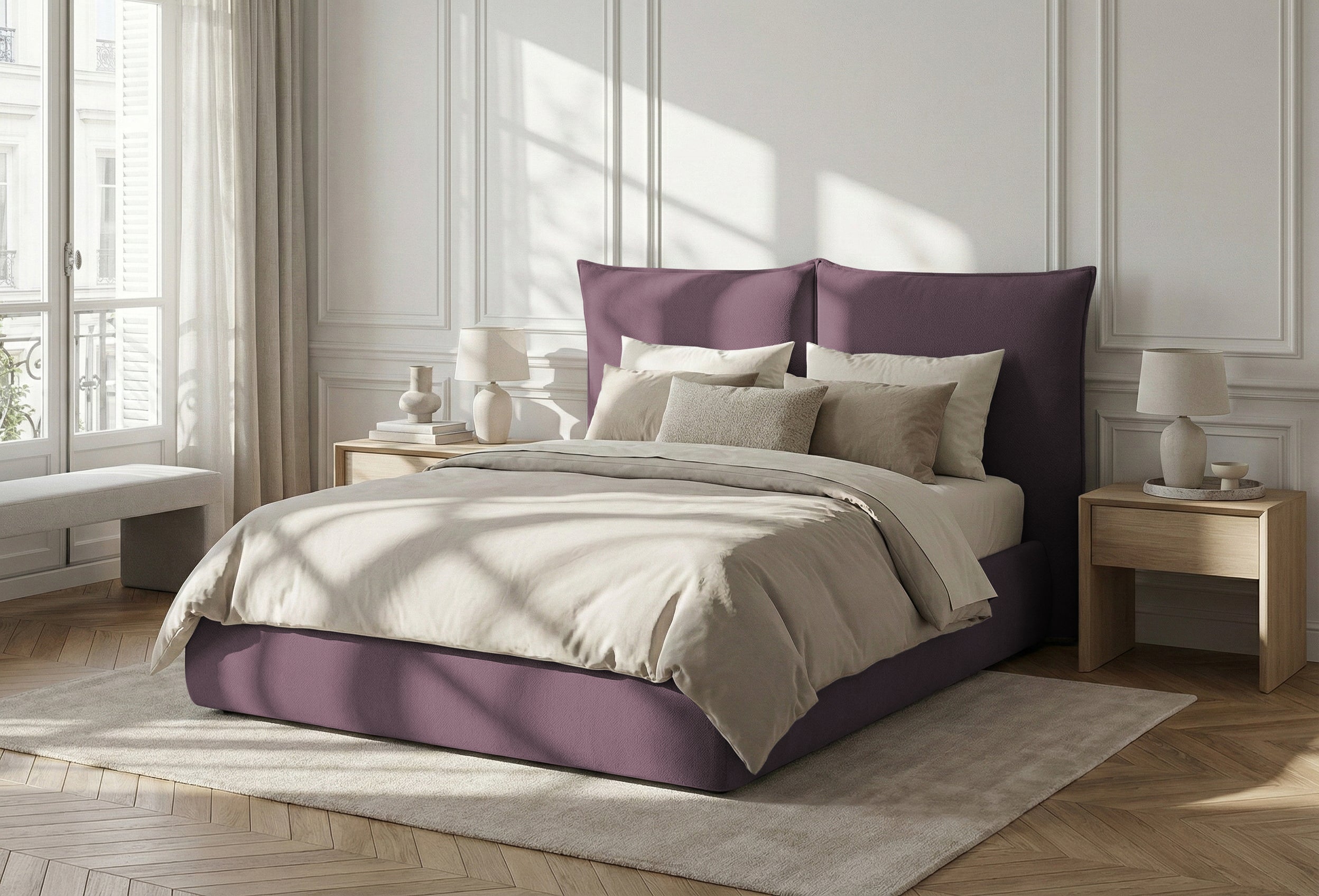 Pat Tapițat Rossi, cu somieră fixă și tăblie înaltă, violet, #color_Violet-Loft