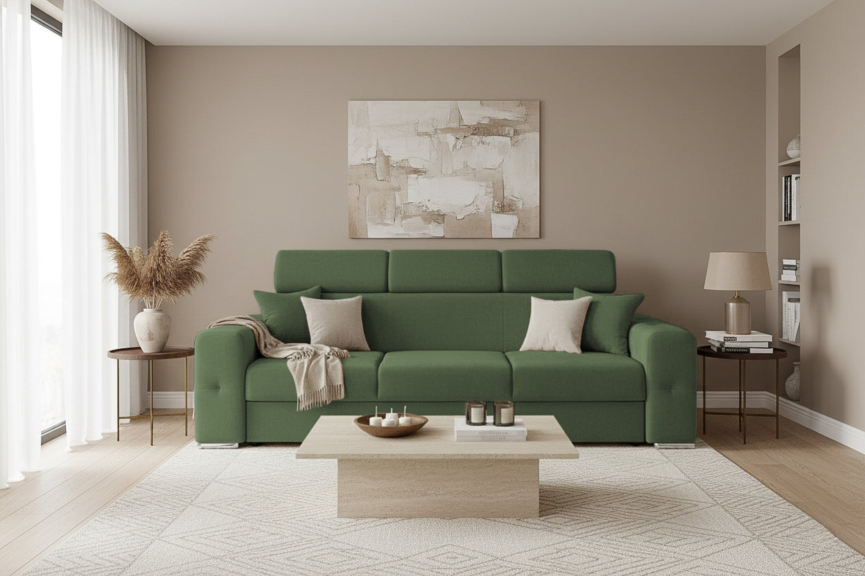 Canapea Extensibila 3 locuri BELLAGIO, cu tetiere, 235x95x85 cm - Prestigehome.ro - Canapea 3 Locuri - Prestige - #color_Verde-Enjoy
