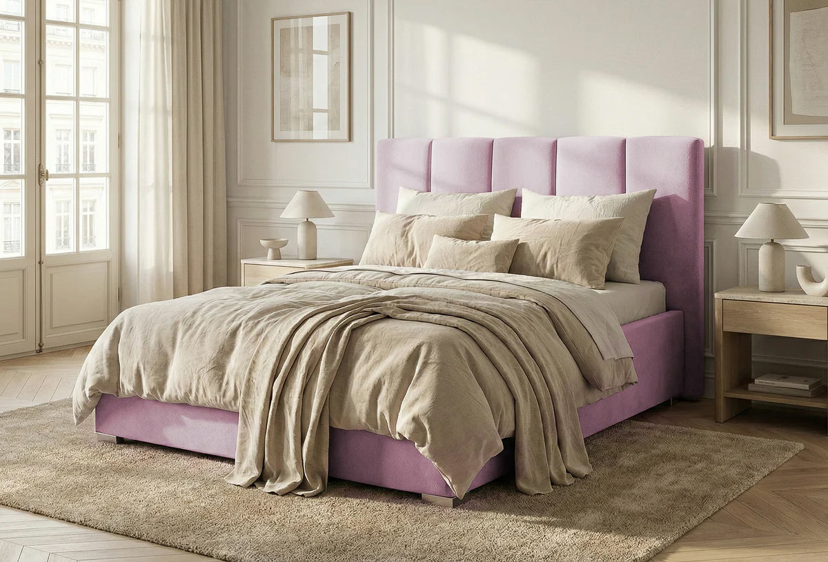 Pat Tapițat Luna, cu somieră rabatabilă și ladă de depozitare, 140x200 cm, Lavanda - Outlet