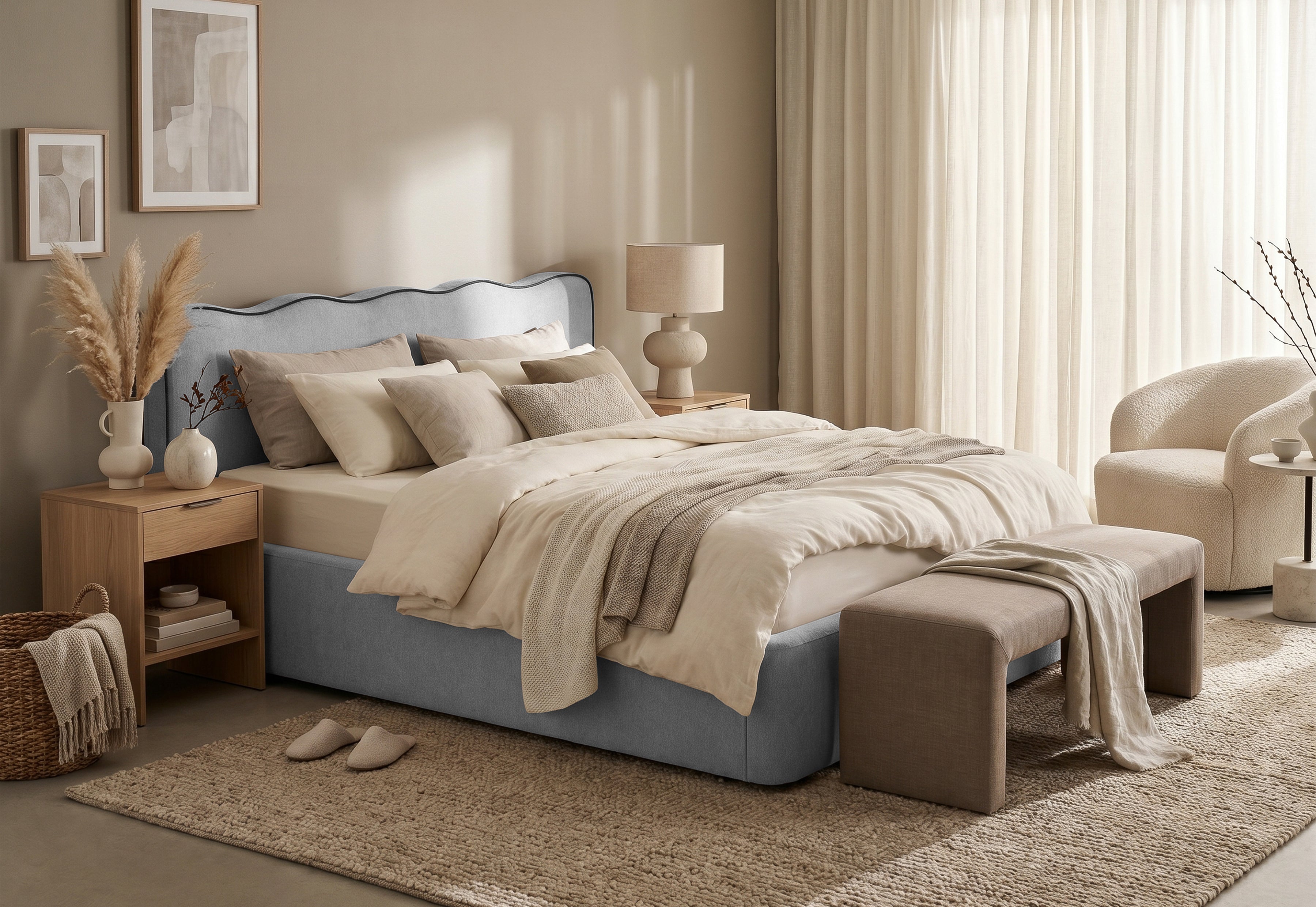 Pat Tapițat KESINGTON, cu somieră rabatabilă și ladă de depozitare, #color_Gri-Deschis-Loft