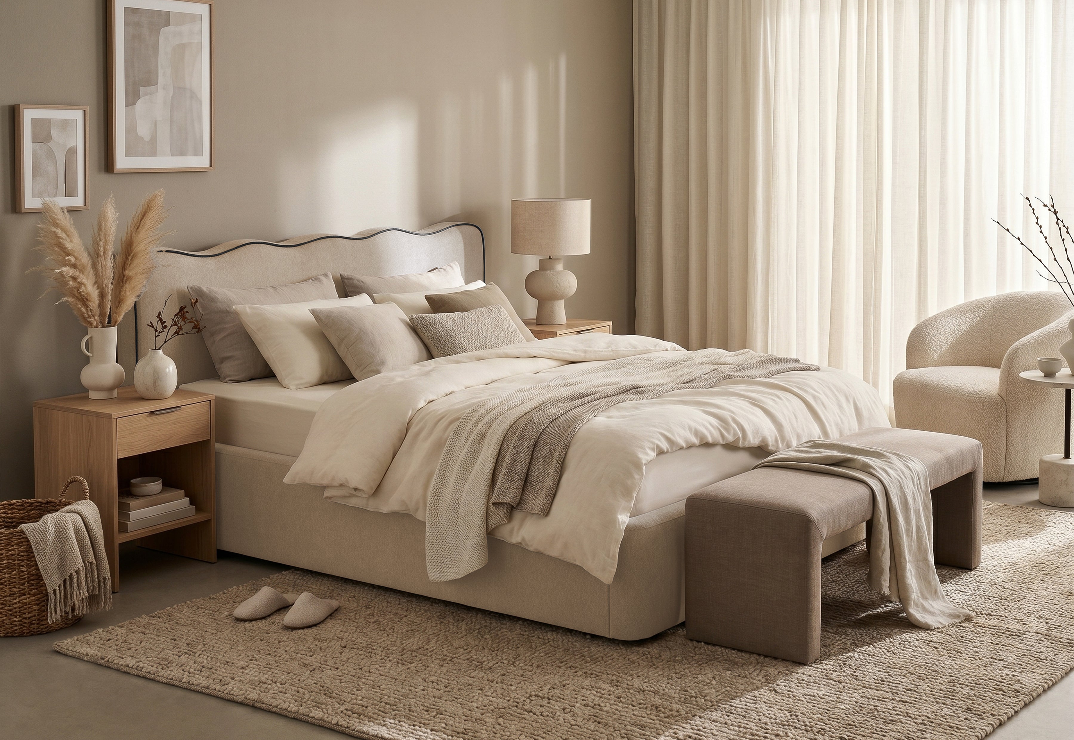 Pat Tapițat KESINGTON, cu somieră rabatabilă și ladă de depozitare, #color_Bej-Loft