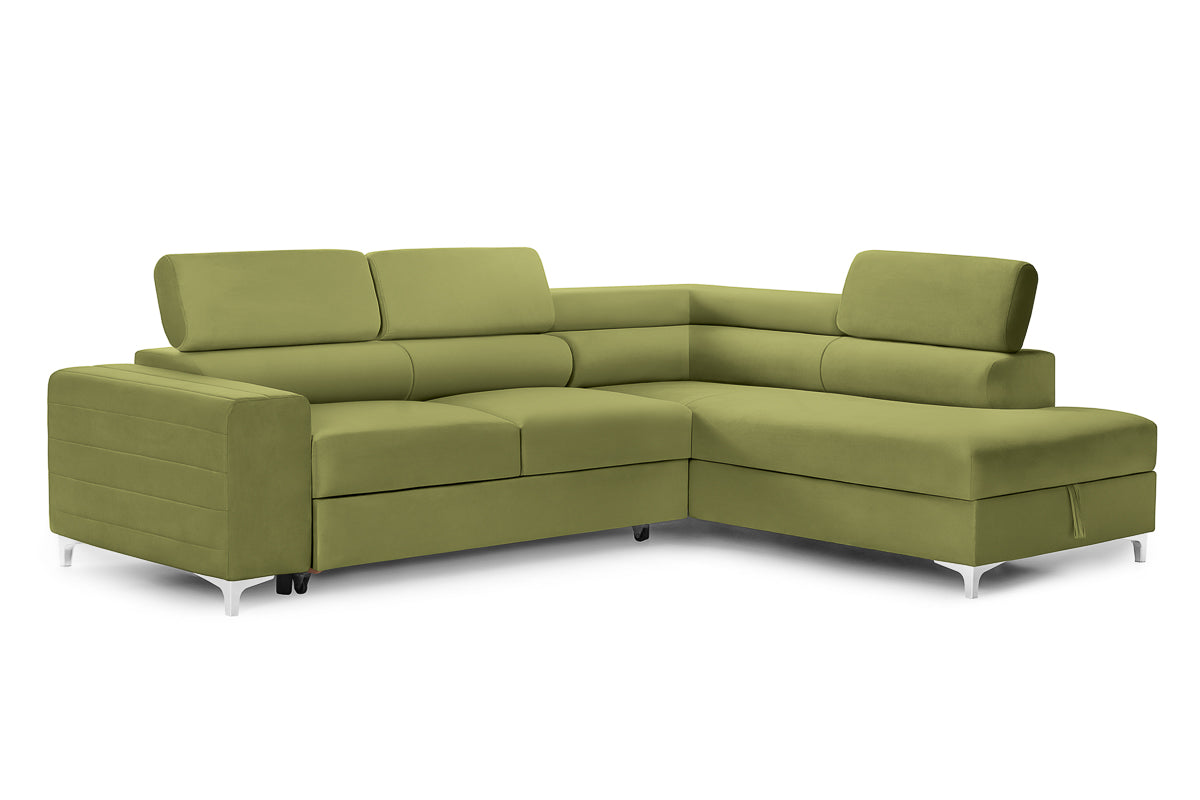 Colțar Extensibil TIME, cu lada depozitare, tetiere reglabile, 285x220x95 cm, #color_Verde-Olive-Velluto