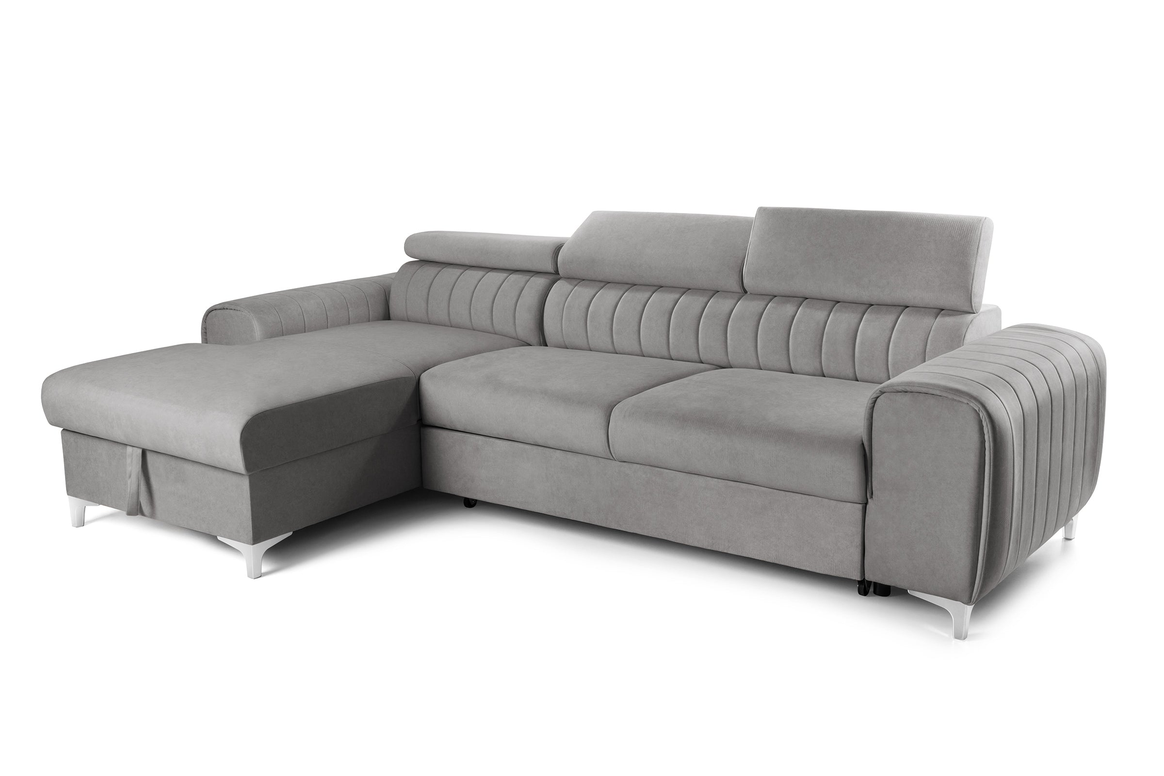 Colțar Extensibil LOFT, cu lada depozitare, tetiere reglabile, 295x170x95 cm, #color_Gri-Silver-Velluto