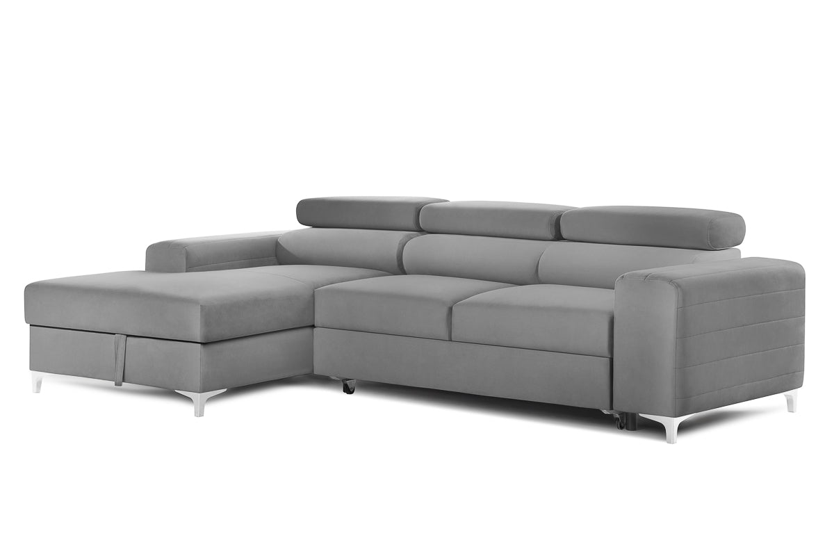 Colțar Extensibil LOFT, cu lada depozitare, tetiere reglabile, 295x170x95 cm, #color_Gri-Silver-Velluto