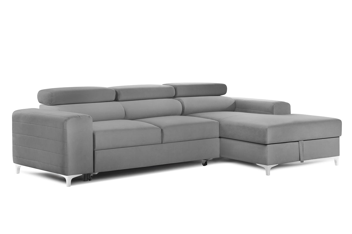 Colțar Extensibil LOFT, cu lada depozitare, tetiere reglabile, 295x170x95 cm, #color_Gri-Silver-Velluto
