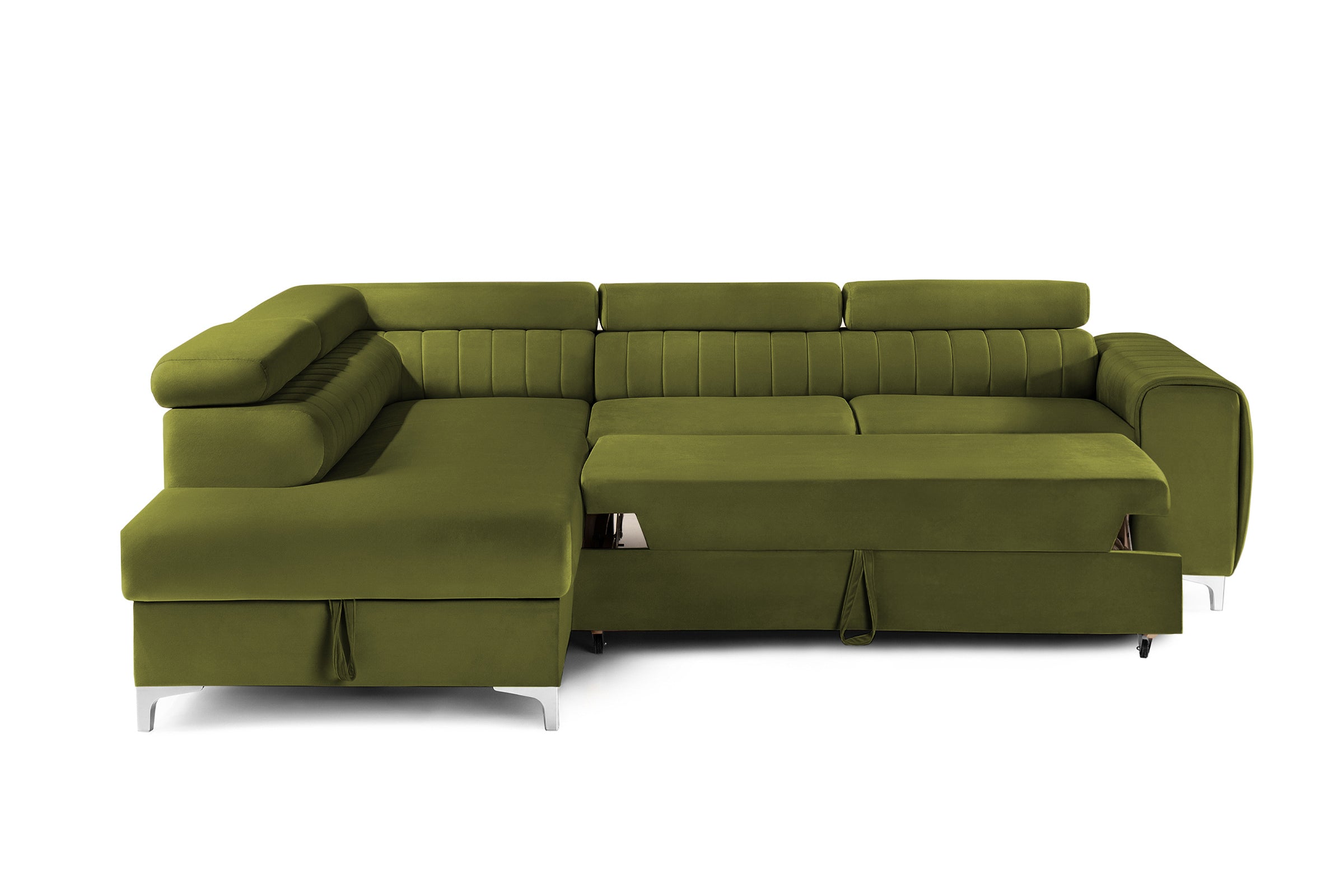 Colțar Extensibil TIME, cu lada depozitare, tetiere reglabile, 285x220x95 cm, #color_Verde-Olive-Velluto