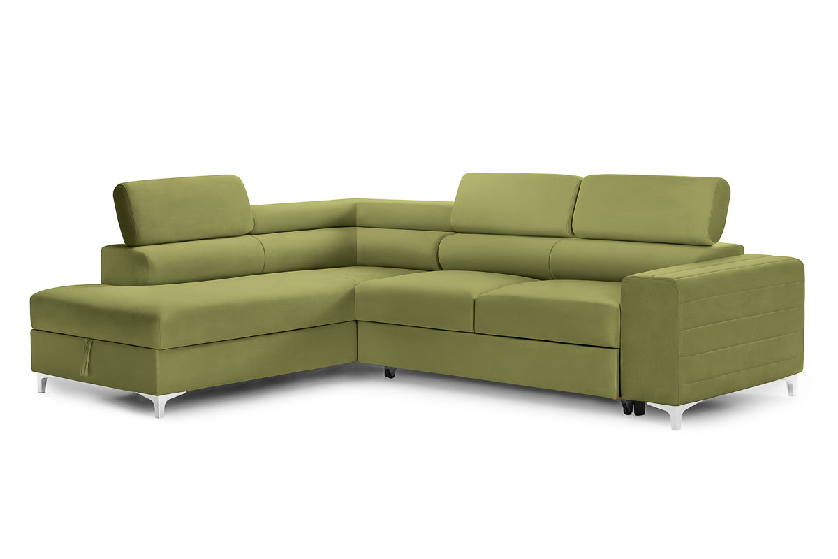 Colțar Extensibil TIME, cu lada depozitare, tetiere reglabile, 285x220x95 cm, #color_Verde-Olive-Velluto