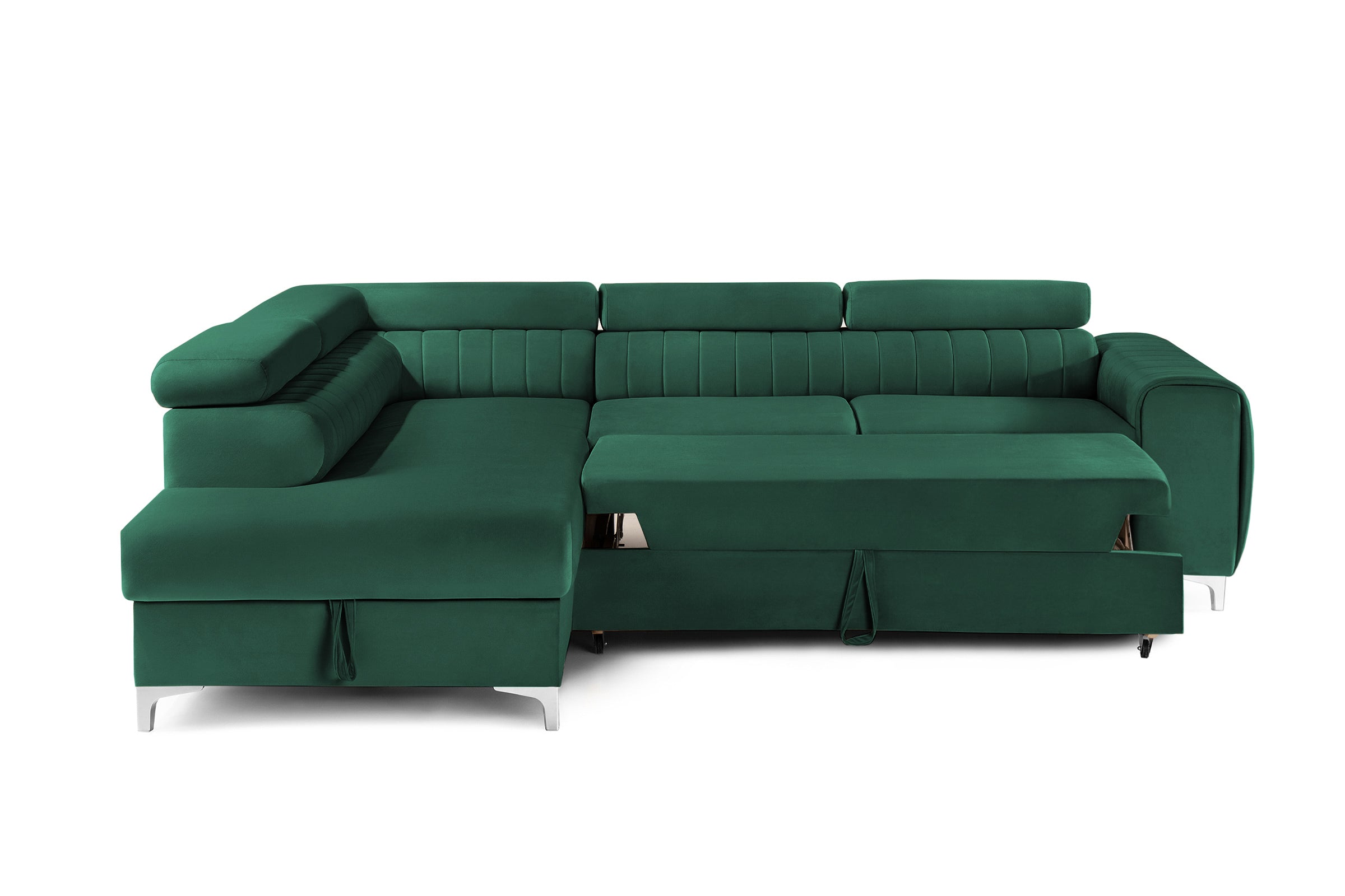 Colțar Extensibil TIME, cu lada depozitare, tetiere reglabile, 285x220x95 cm, #color_Verde-Padure-Velluto