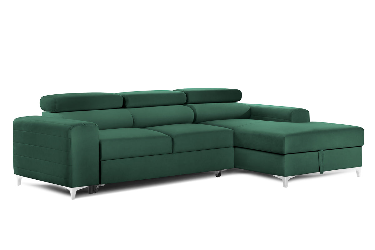 Colțar Extensibil LOFT, cu lada depozitare, tetiere reglabile, 295x170x95 cm, #color_Verde-Padure-Velluto