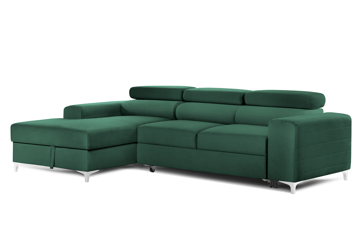 Colțar Extensibil LOFT, cu lada depozitare, tetiere reglabile, 295x170x95 cm, #color_Verde-Padure-Velluto