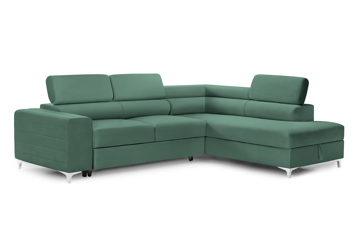 Colțar Extensibil TIME, cu lada depozitare, tetiere reglabile, 285x220x95 cm, #color_Verde-Padure-Velluto