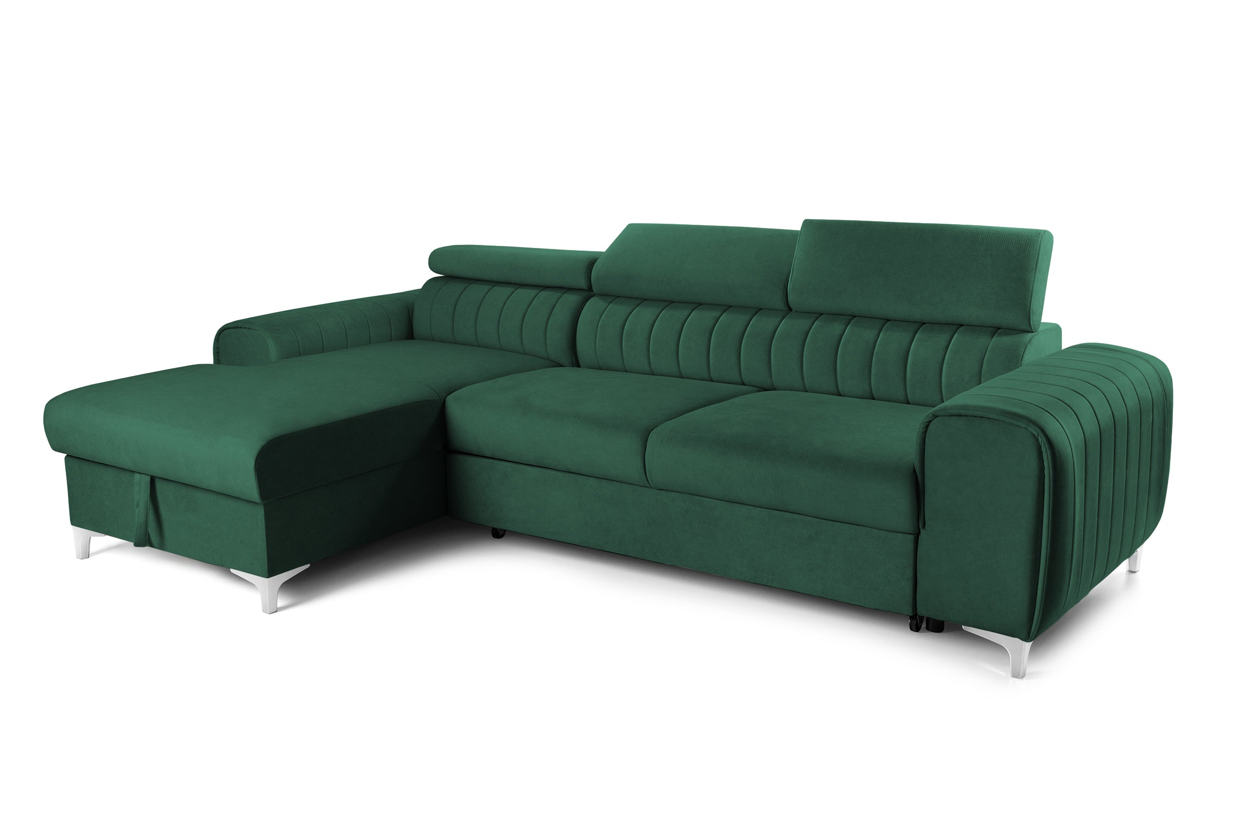 Colțar Extensibil LOFT, cu lada depozitare, tetiere reglabile, 295x170x95 cm, #color_Verde-Padure-Velluto