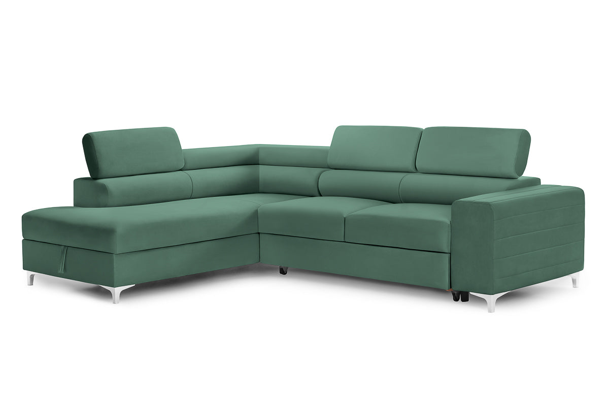 Colțar Extensibil TIME, cu lada depozitare, tetiere reglabile, 285x220x95 cm, #color_Verde-Padure-Velluto