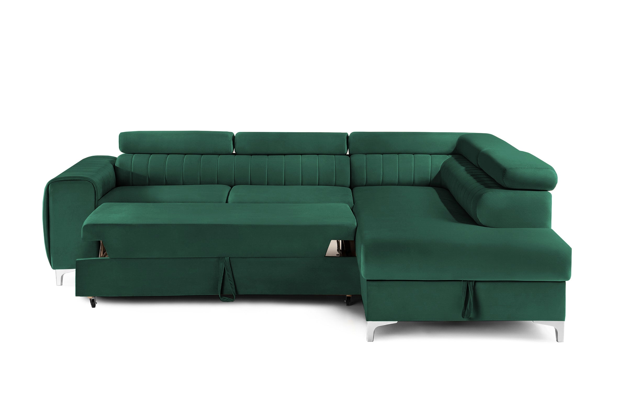 Colțar Extensibil TIME, cu lada depozitare, tetiere reglabile, 285x220x95 cm, #color_Verde-Padure-Velluto