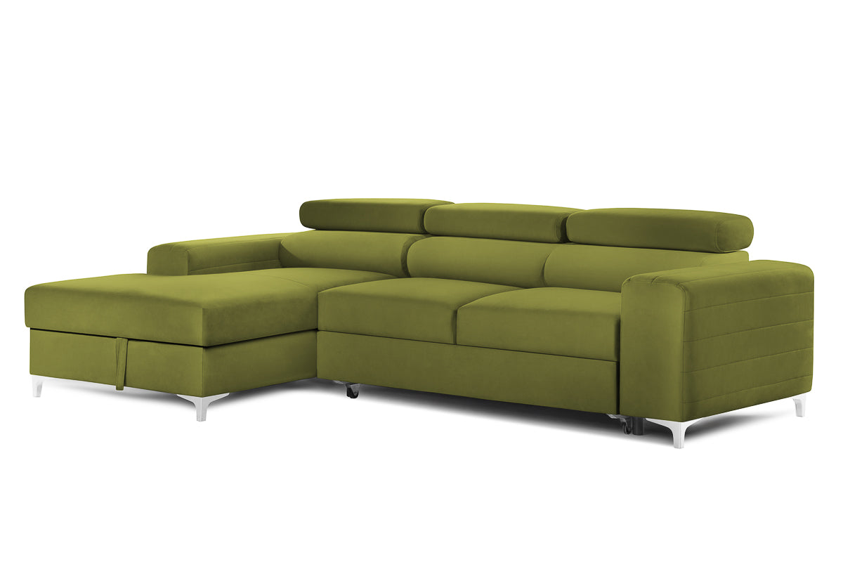 Colțar Extensibil LOFT, cu lada depozitare, tetiere reglabile, 295x170x95 cm, #color_Verde-Olive-Velluto