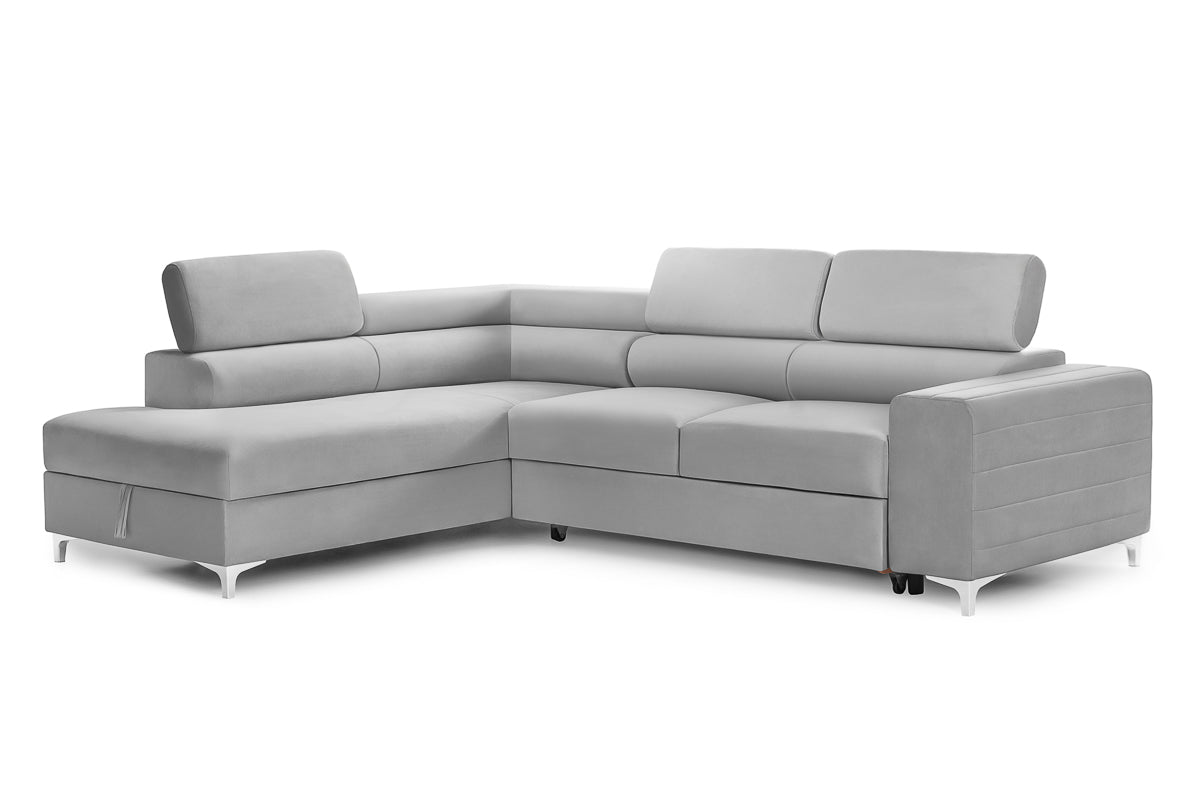 Colțar Extensibil TIME, cu lada depozitare, tetiere reglabile, 285x220x95 cm, #color_Gri-Silver-Velluto