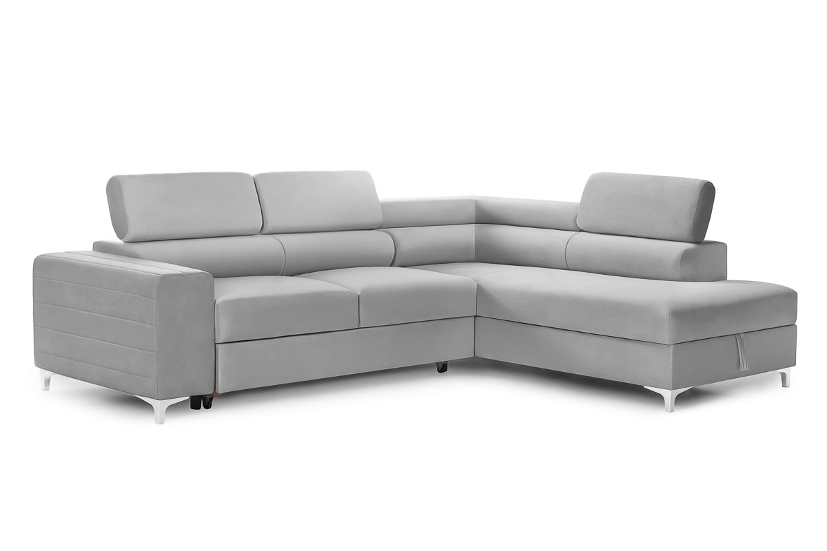 Colțar Extensibil TIME, cu lada depozitare, tetiere reglabile, 285x220x95 cm, #color_Gri-Silver-Velluto