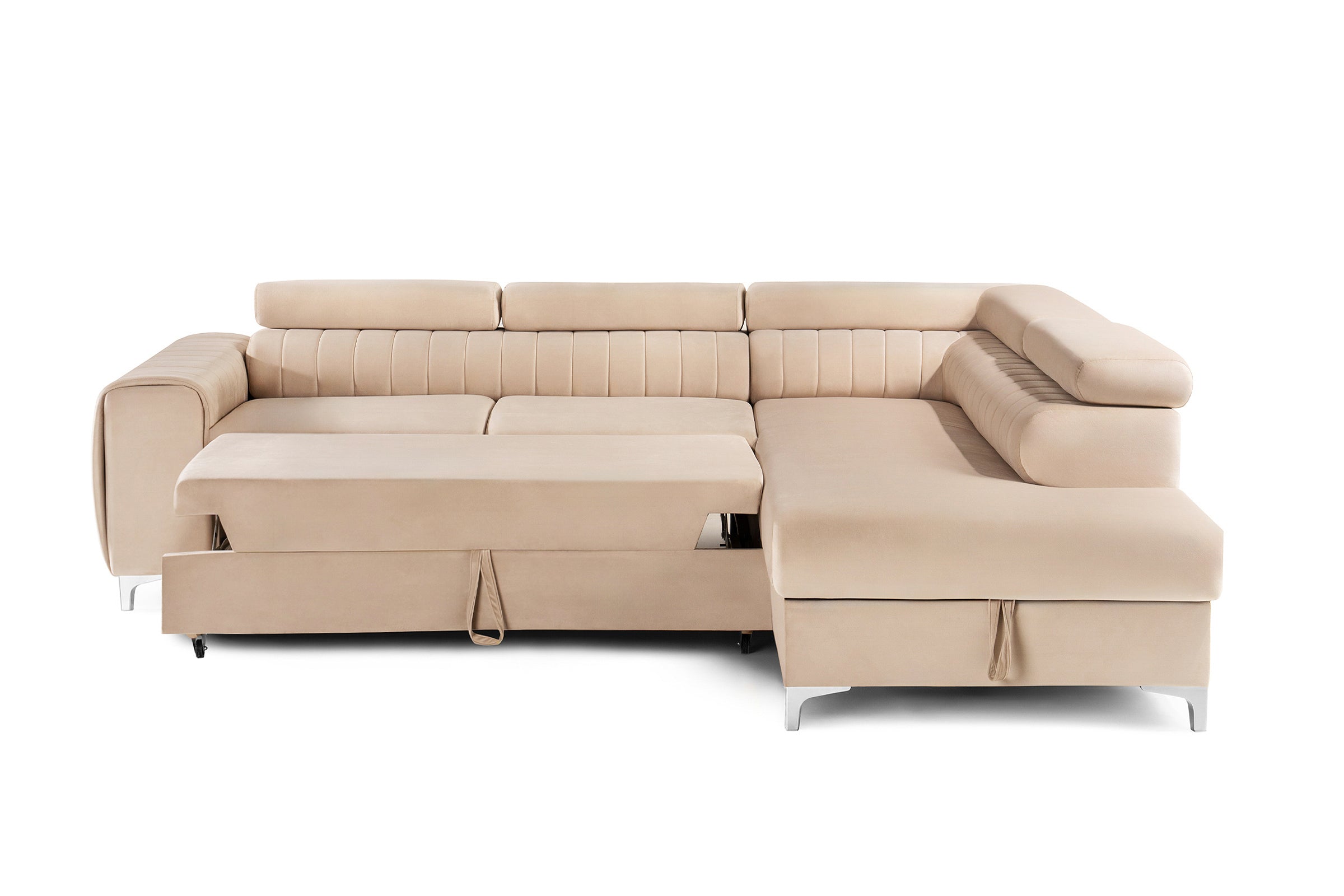 Colțar Extensibil TIME, cu lada depozitare, tetiere reglabile, 285x220x95 cm, #color_Bej-Velluto