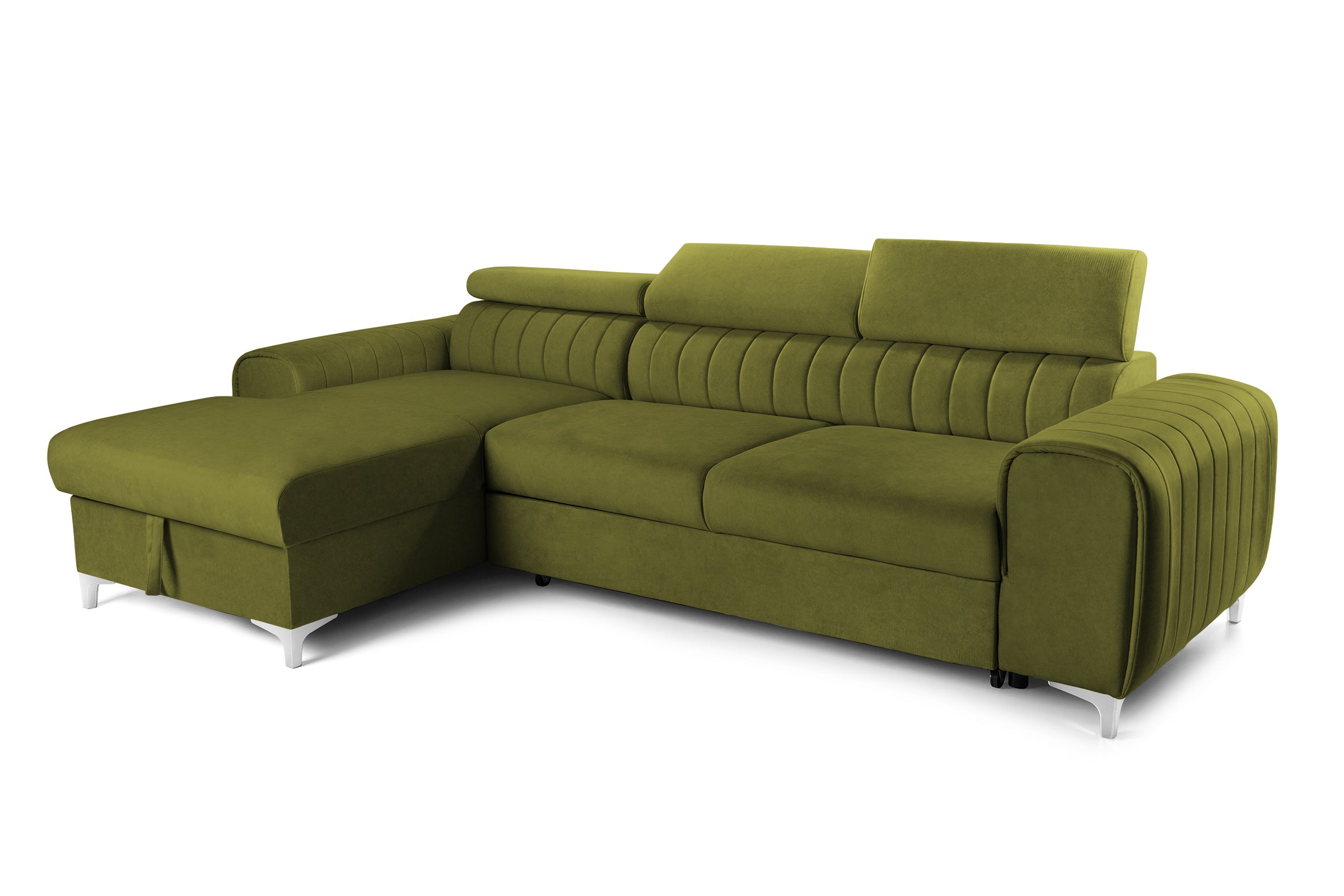 Colțar Extensibil LOFT, cu lada depozitare, tetiere reglabile, 295x170x95 cm, #color_Verde-Olive-Velluto