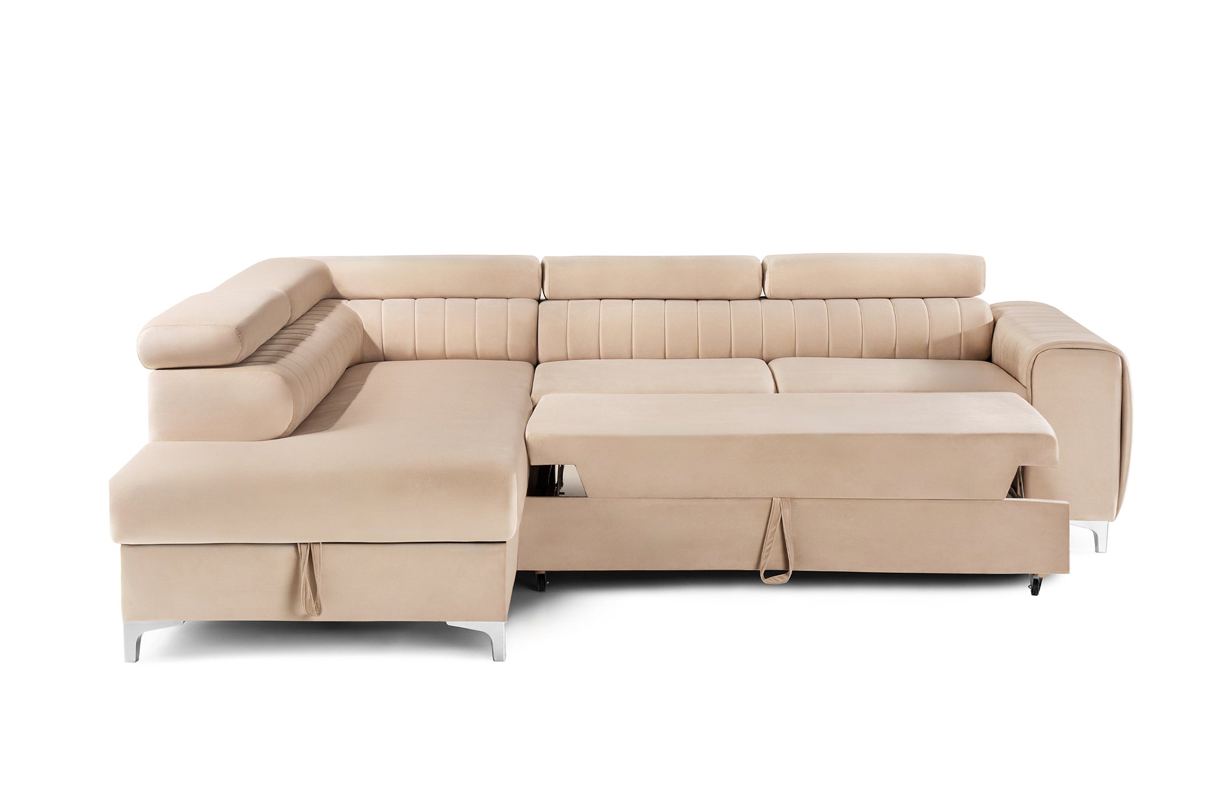 Colțar Extensibil TIME, cu lada depozitare, tetiere reglabile, 285x220x95 cm, #color_Bej-Velluto
