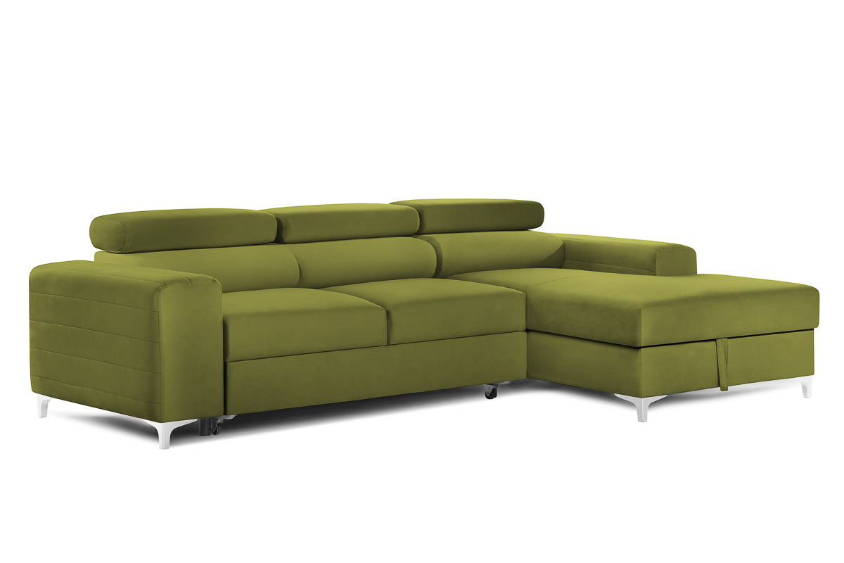 Colțar Extensibil LOFT, cu lada depozitare, tetiere reglabile, 295x170x95 cm, #color_Verde-Olive-Velluto