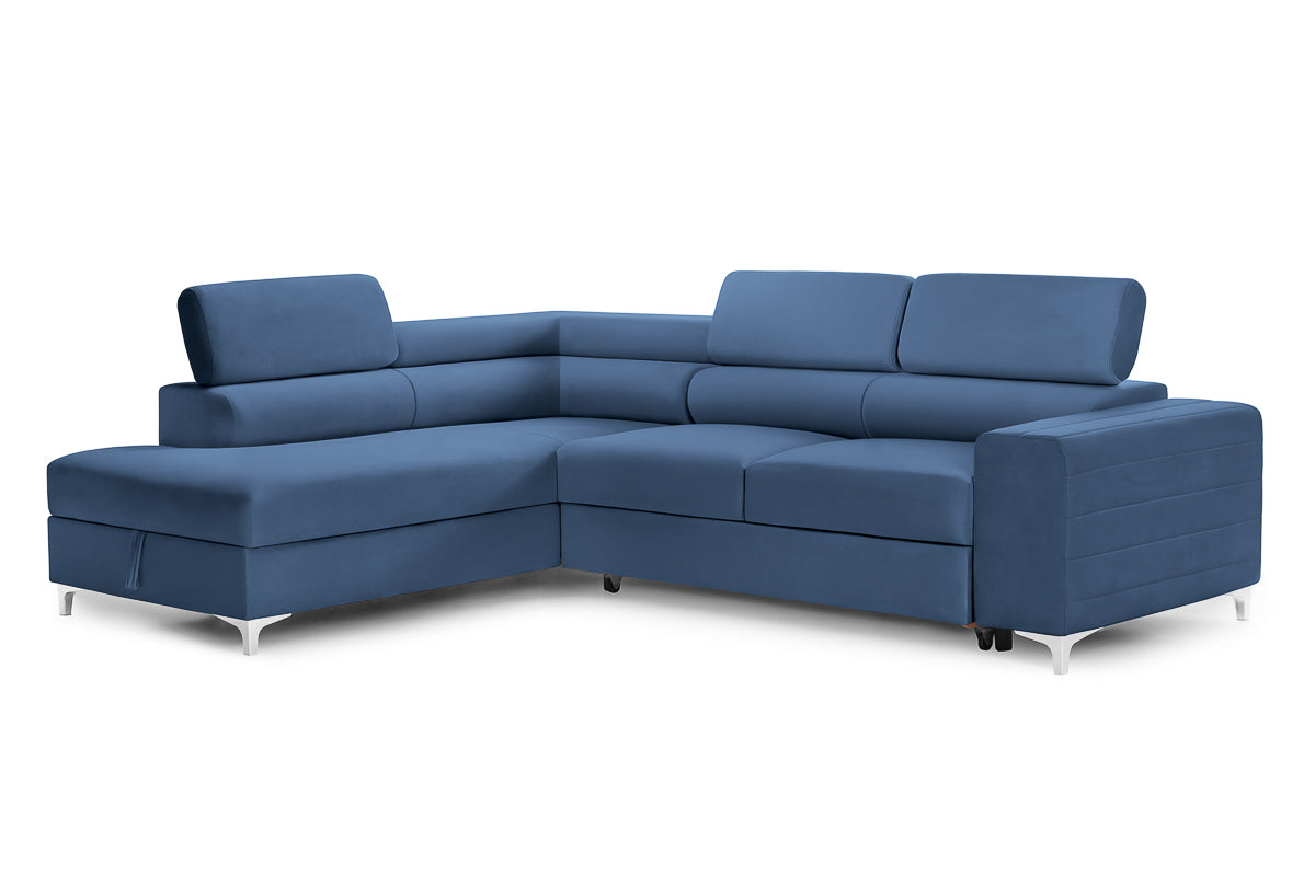 Colțar Extensibil TIME, cu lada depozitare, tetiere reglabile, 285x220x95 cm, #color_Albastru-Velluto