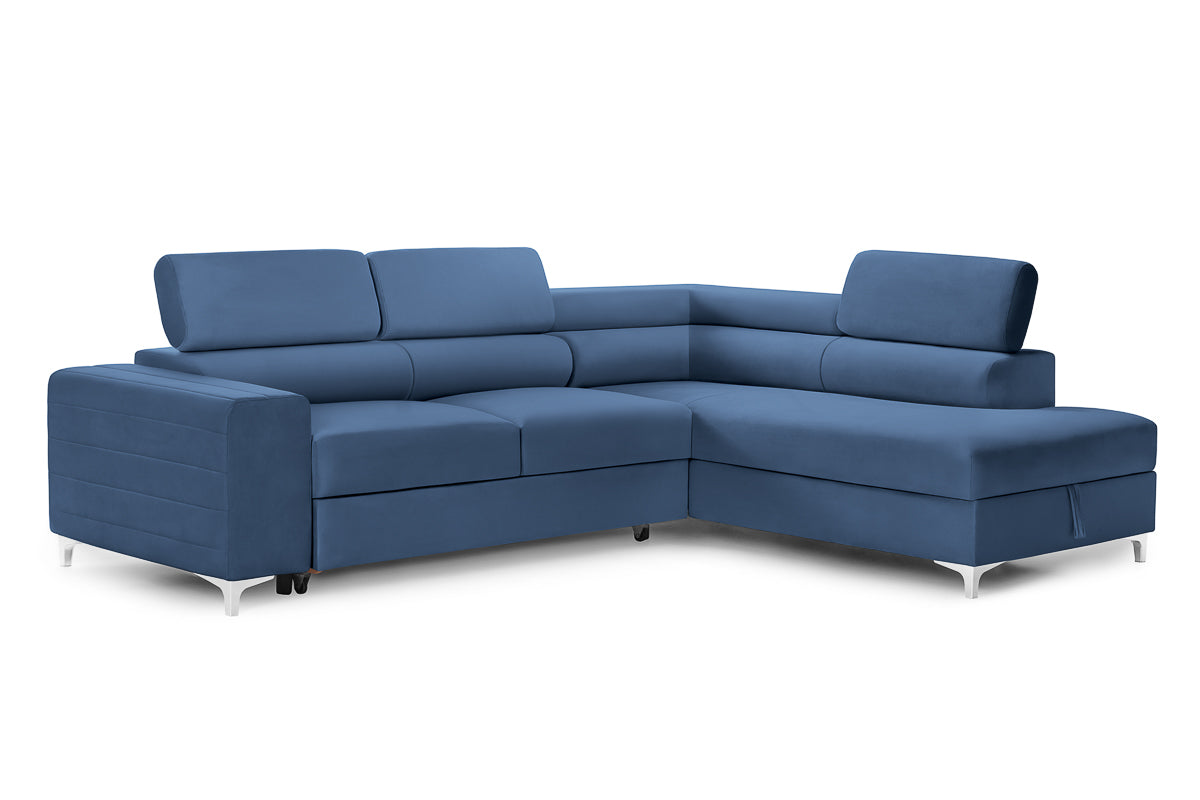 Colțar Extensibil TIME, cu lada depozitare, tetiere reglabile, 285x220x95 cm, #color_Albastru-Velluto