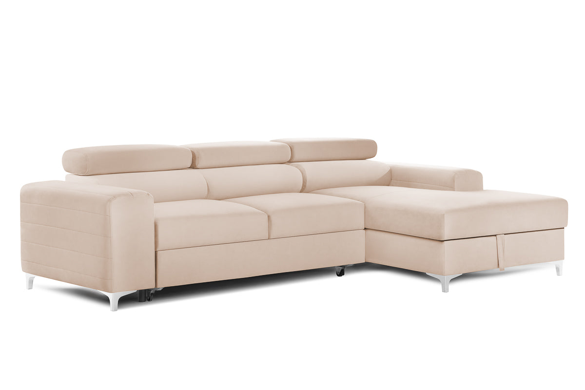 Colțar Extensibil LOFT, cu lada depozitare, tetiere reglabile, 295x170x95 cm, #color_Bej-Velluto