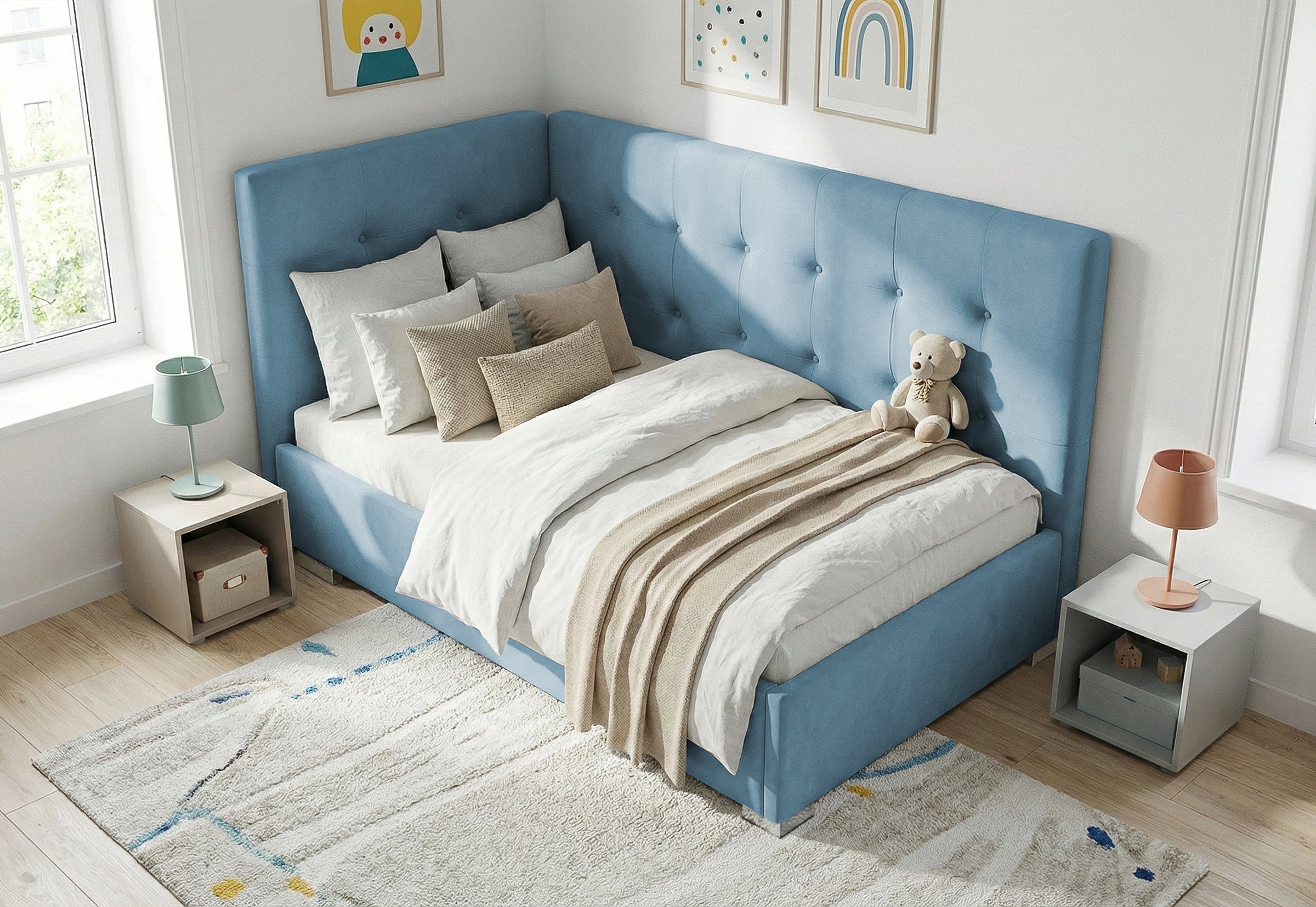 Pat Tapițat Lille de colț, cu somieră rabatabilă și ladă depozitare, #color_Swing-Albastru