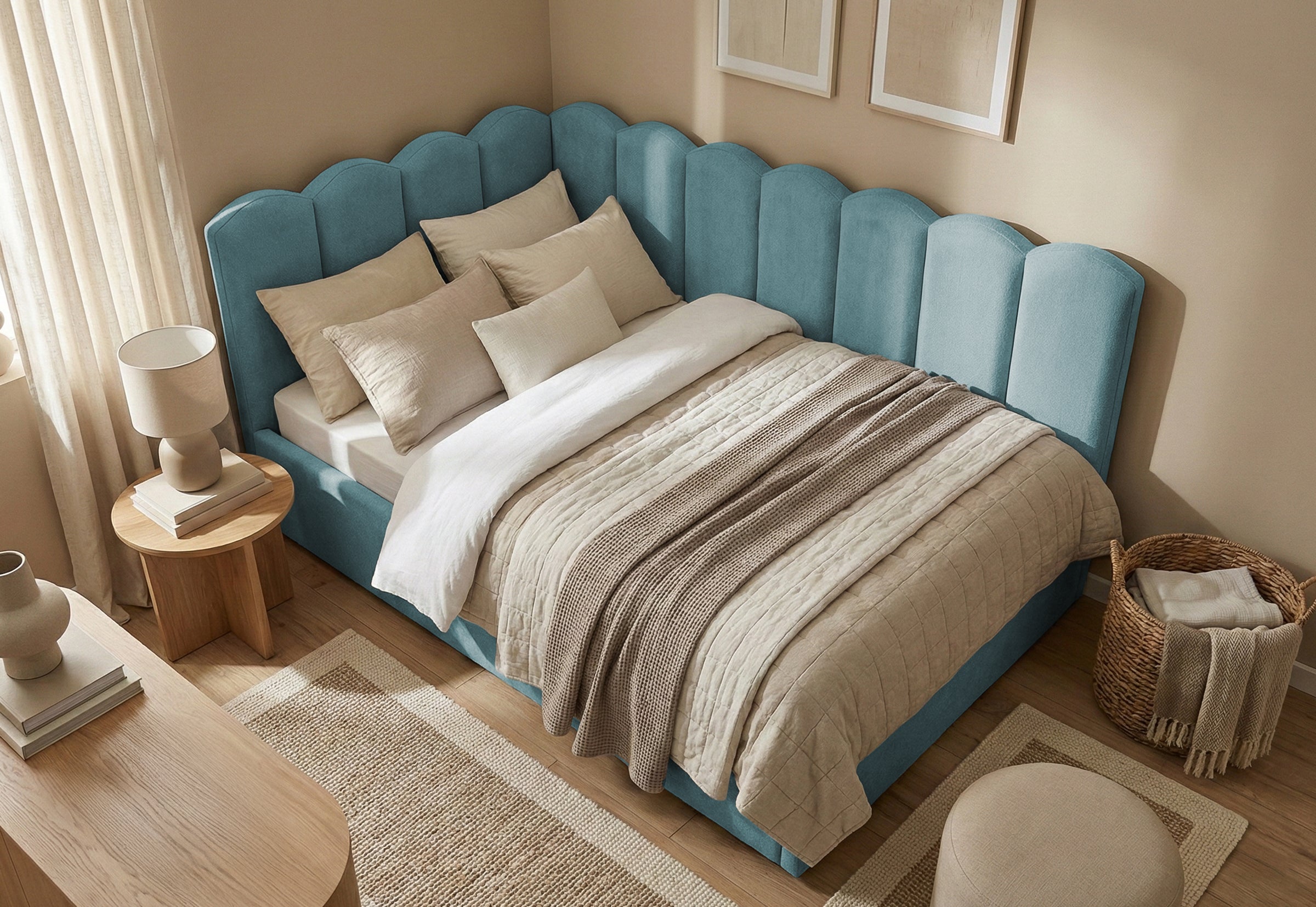 Pat Tapițat Princess de colț, cu somieră rabatabilă și ladă depozitare, #color_Albastru-Deschis-Mystery