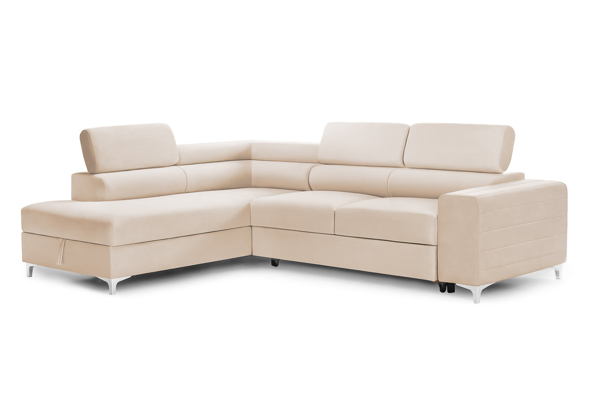 Colțar Extensibil TIME, cu lada depozitare, tetiere reglabile, 285x220x95 cm, #color_Bej-Velluto