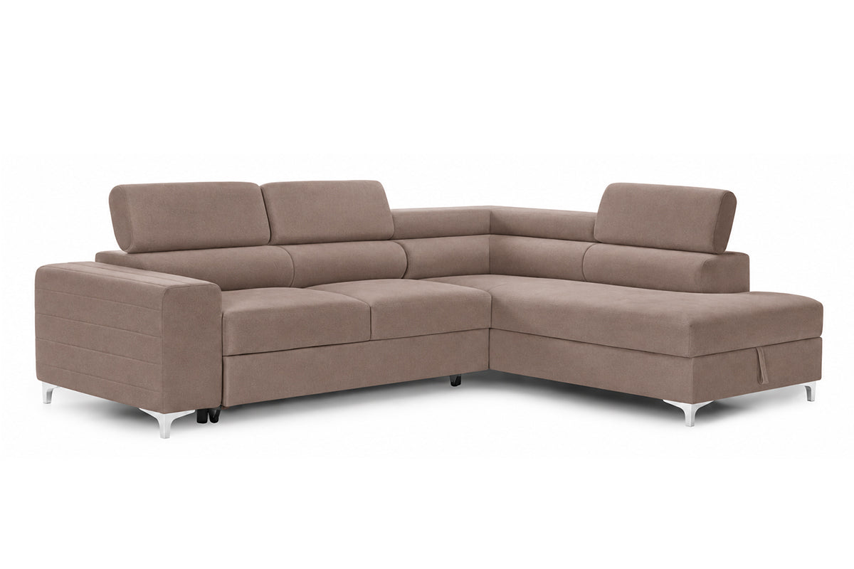Colțar Extensibil TIME, cu lada depozitare, tetiere reglabile, varianta pe dreapta, 285x220x95 cm, Maro Deschis - Outlet