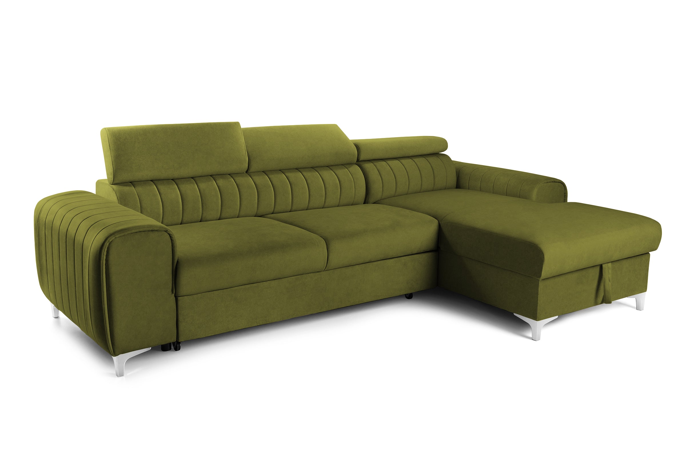 Colțar Extensibil LOFT, cu lada depozitare, tetiere reglabile, 295x170x95 cm, #color_Verde-Olive-Velluto