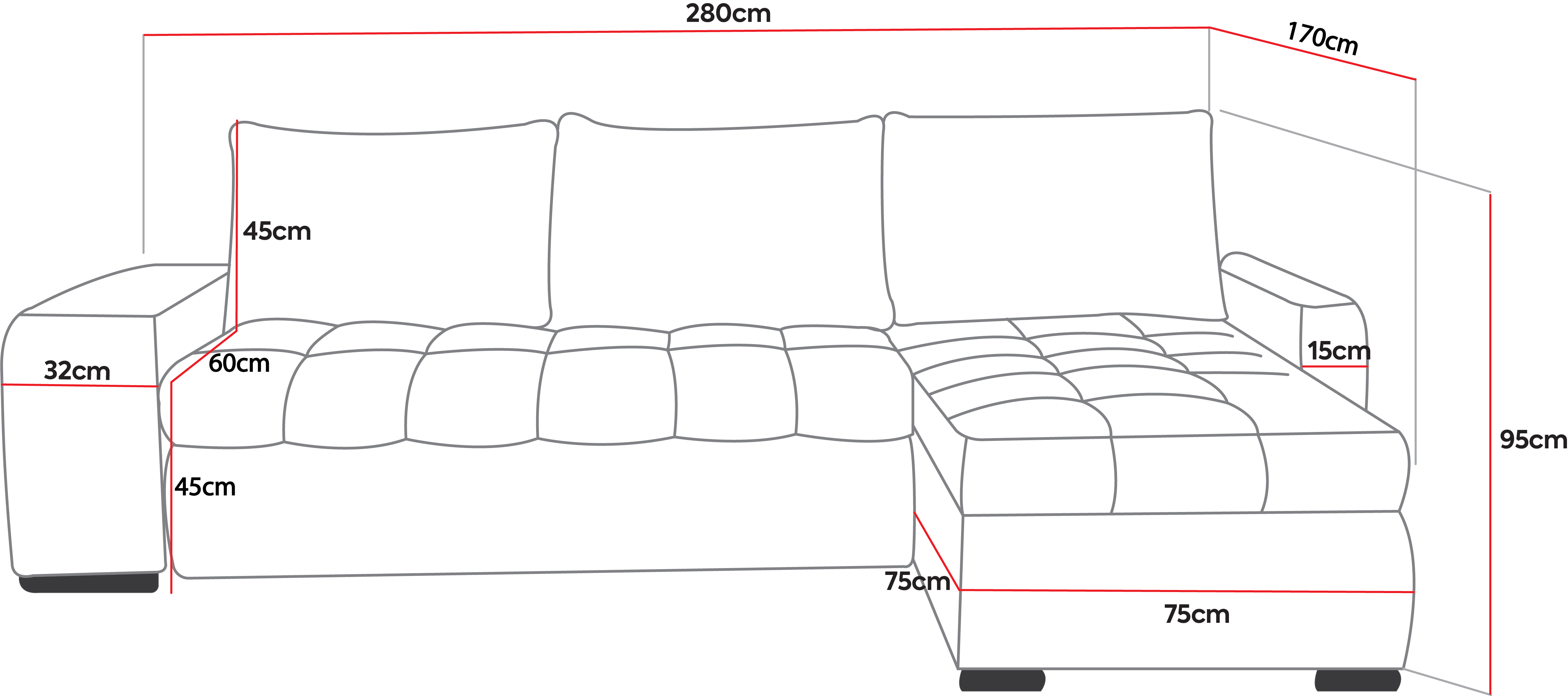 Colțar Extensibil CAROL, cu ladă de depozitare, interschimbabil stânga/dreapta 280x170x95 cm, Negru/Gri - Outlet