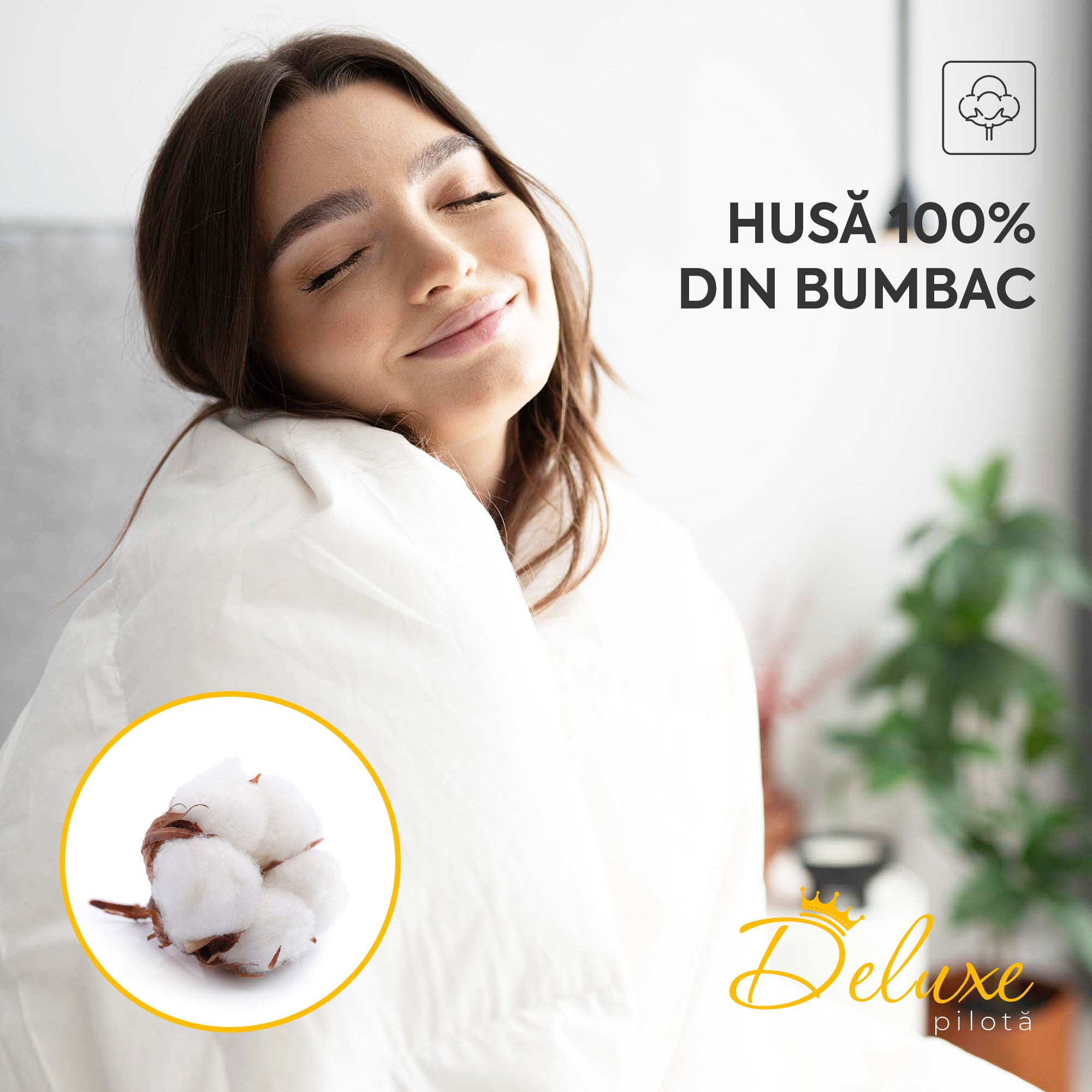 Pilotă Deluxe, 4 anotimpuri, cu pene și puf de gâscă, husă bumbac, 200