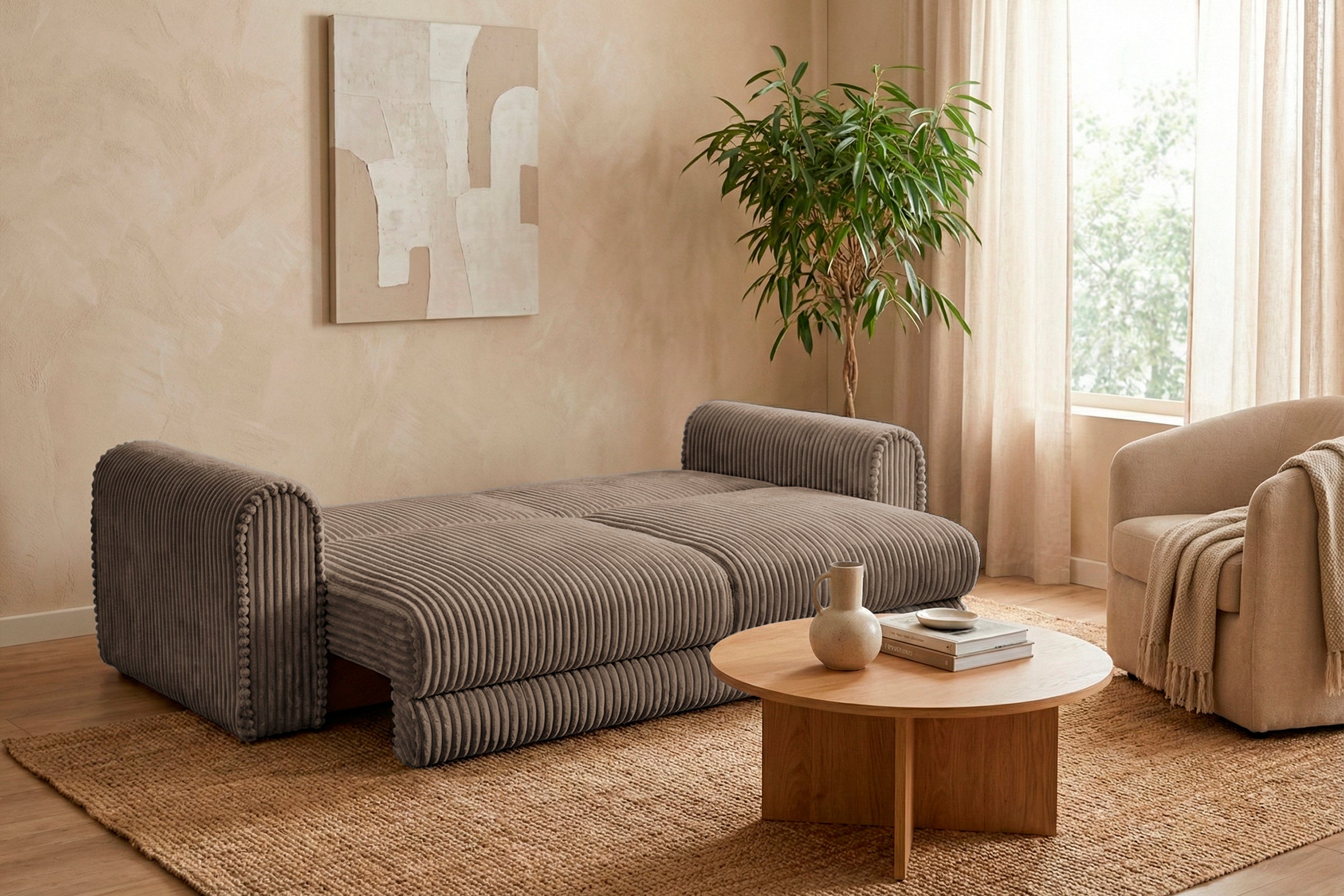 Canapea Extensibilă 3 locuri FELLINI, cu ladă depozitare, 243x108x90 cm, #color_Bej-Tilia