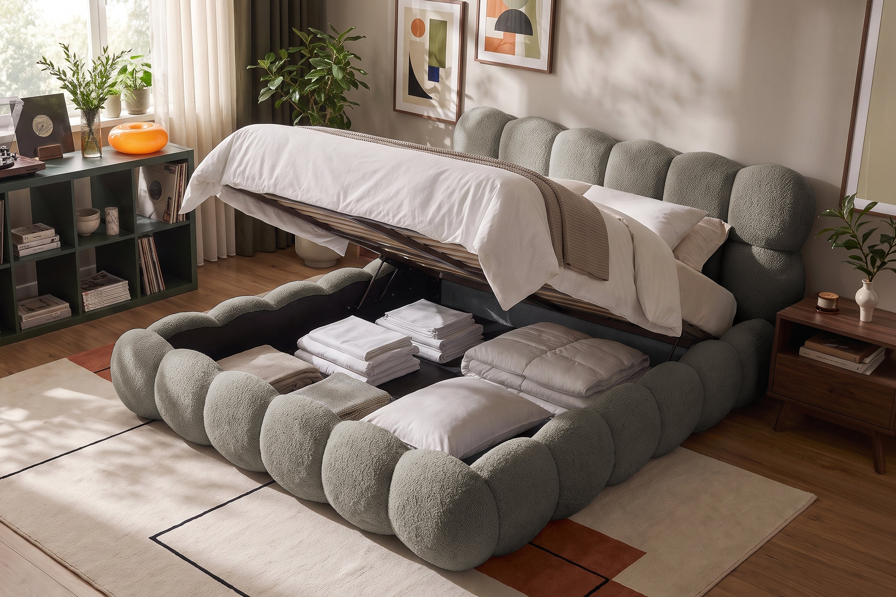 Pat Tapițat BUMBLE, cu somieră rabatabilă și ladă de depozitare, #Color_Taupe-Anthology