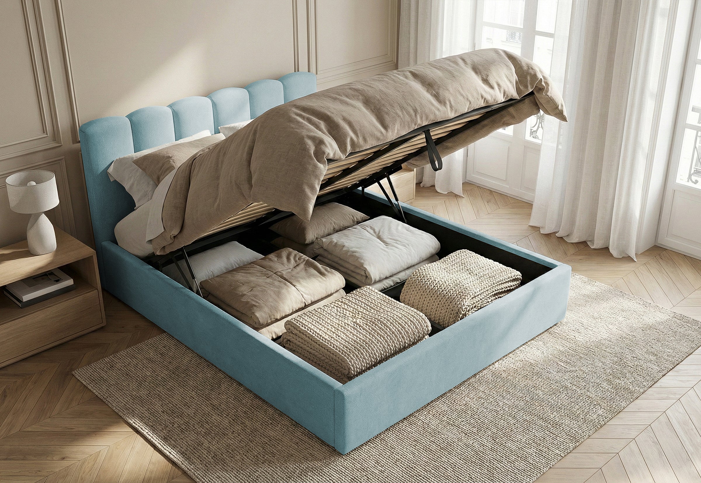 Pat Tapițat PRINCESS, cu somieră rabatabilă și ladă de depozitare, #color_Albastru-Deschis-Mystery