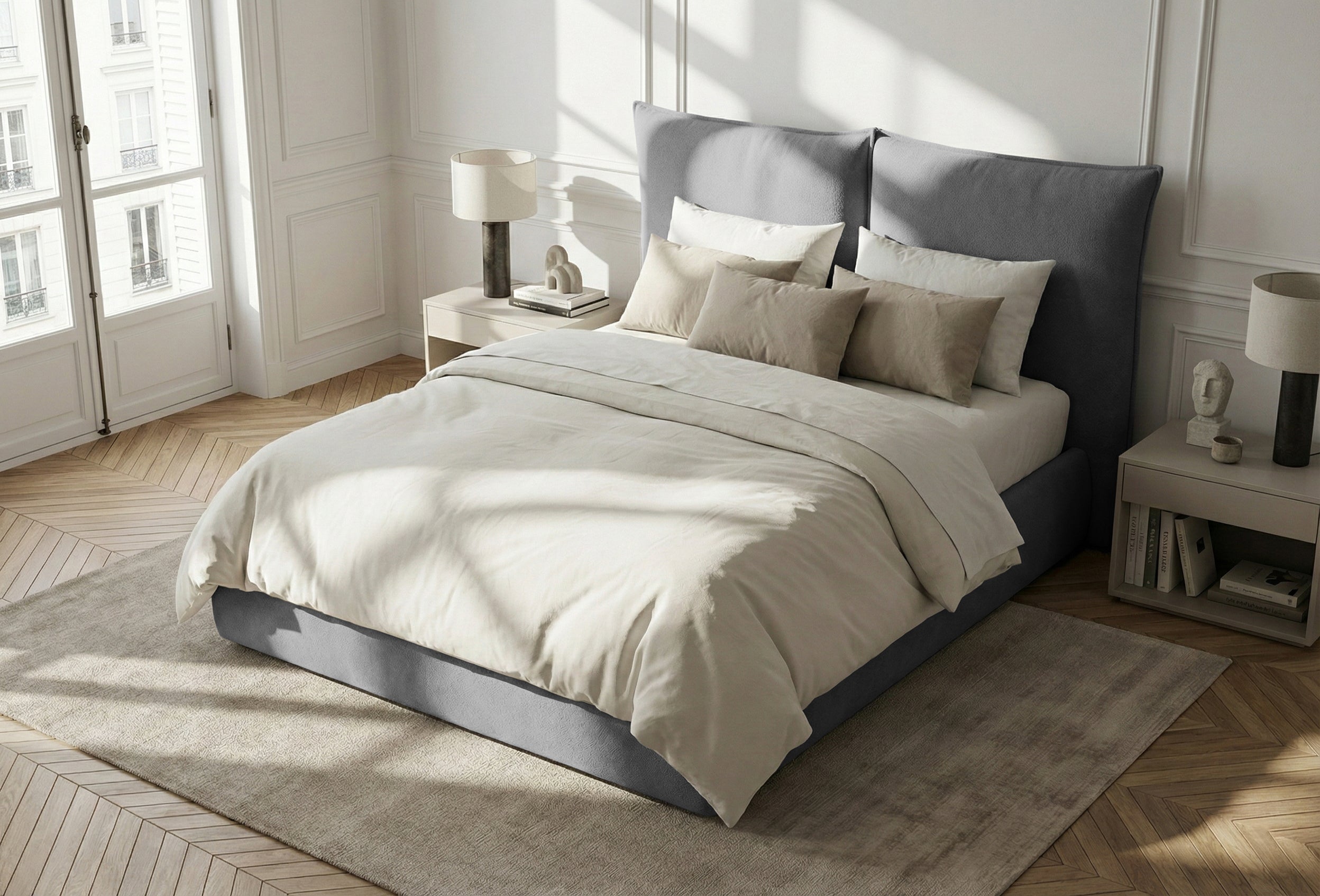 Pat Tapițat Rossi, cu somieră fixă și tăblie înaltă, gri inchis, #color_Gri-Inchis-Loft