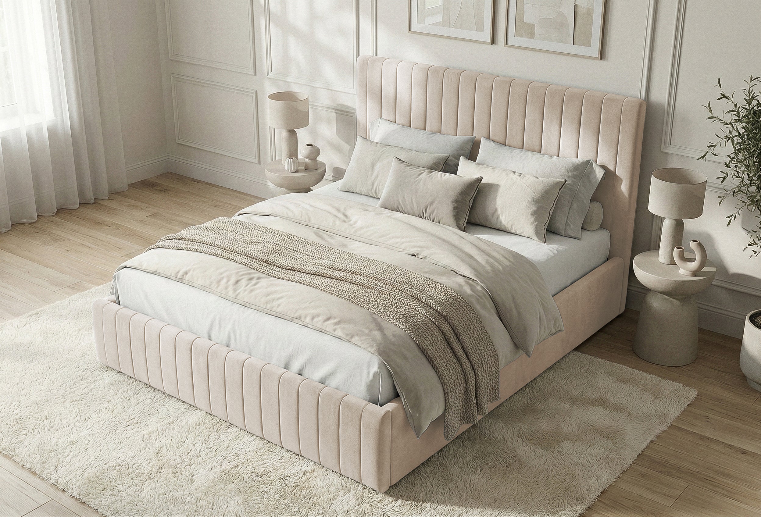 Pat Tapițat Sara, cu somieră rabatabilă și ladă depozitare #color_Bej-Velluto