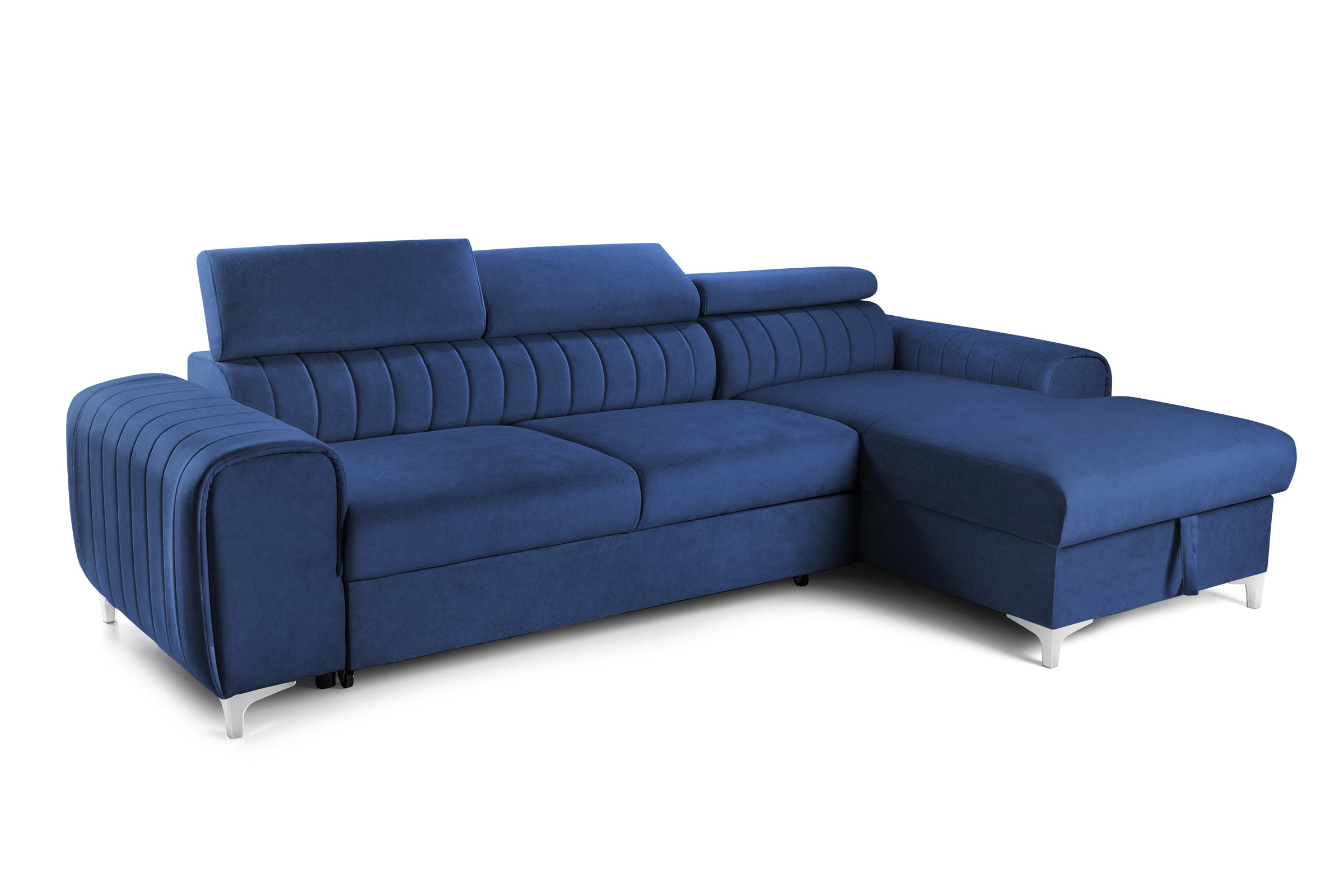 Colțar Extensibil LOFT, cu lada depozitare, tetiere reglabile, 295x170x95 cm, #color_Albastru-Velluto